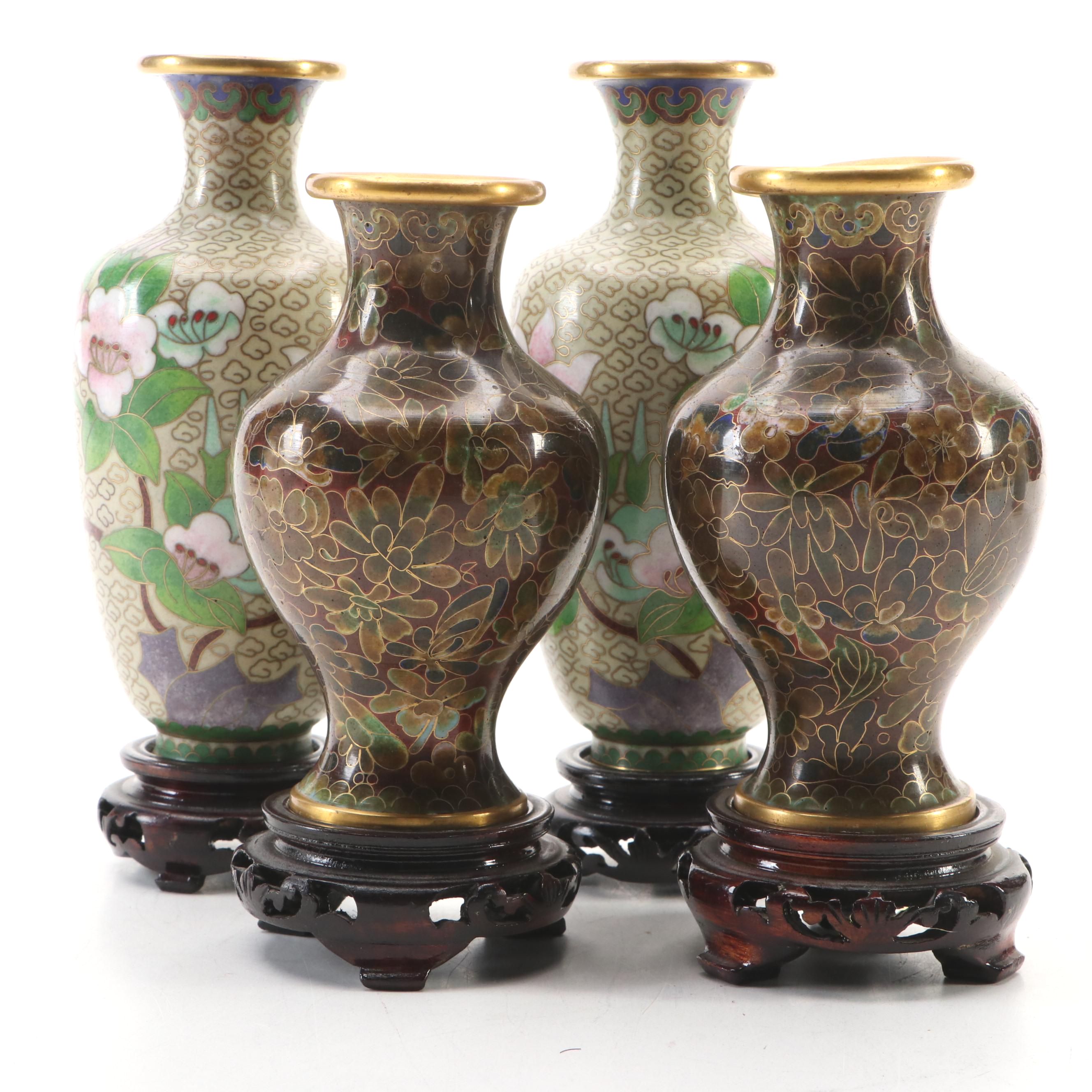 Chinese Style Cloisonné Metal Vases with Wood Display Stands