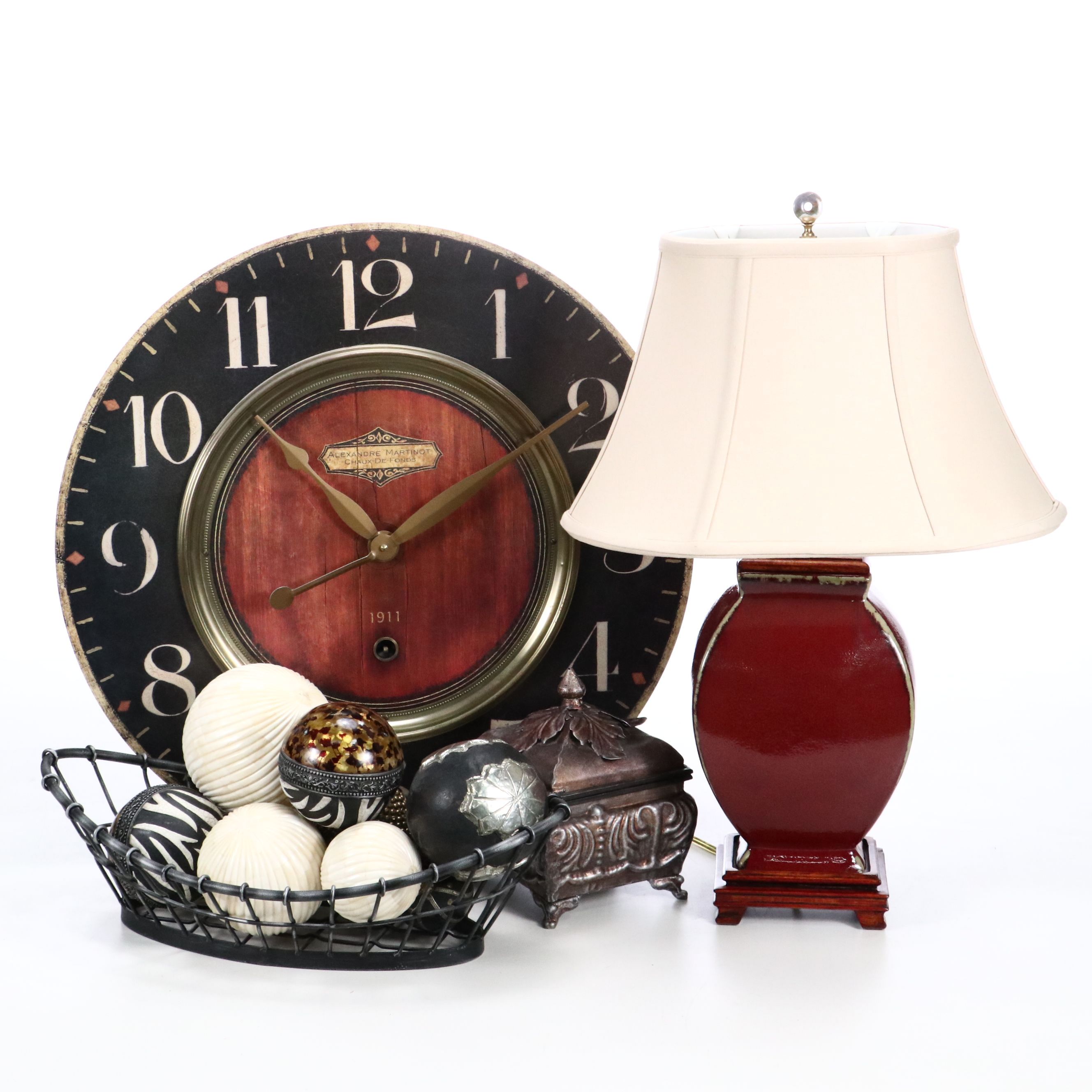 Ceramic Urn Table Lamp with Large Wall Clock and Decorative Containers