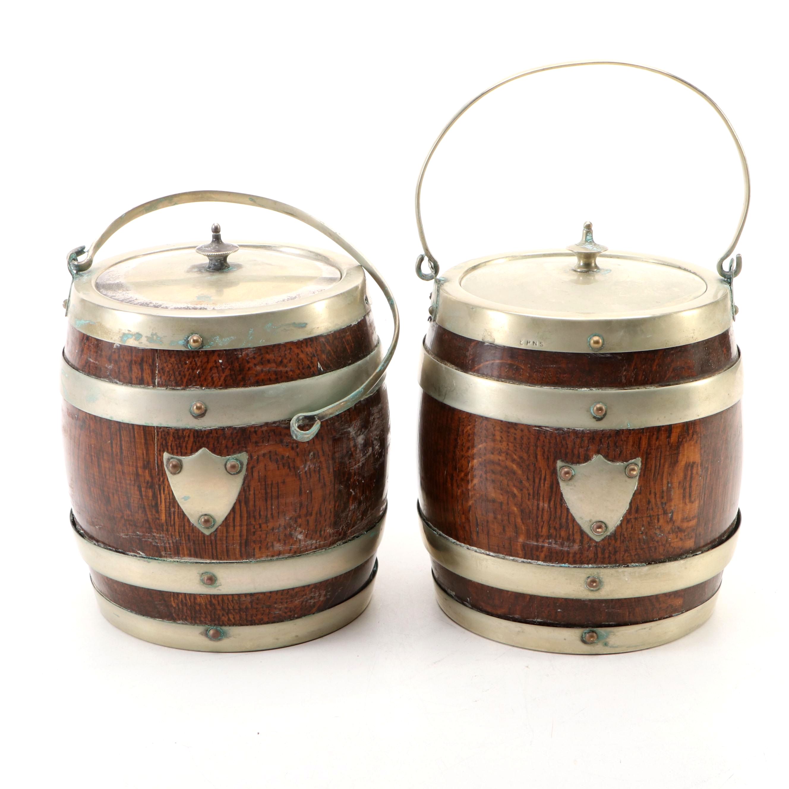 English Silver Plate Banded Oak Biscuit Barrels, Late 19th/ Early 20th Century