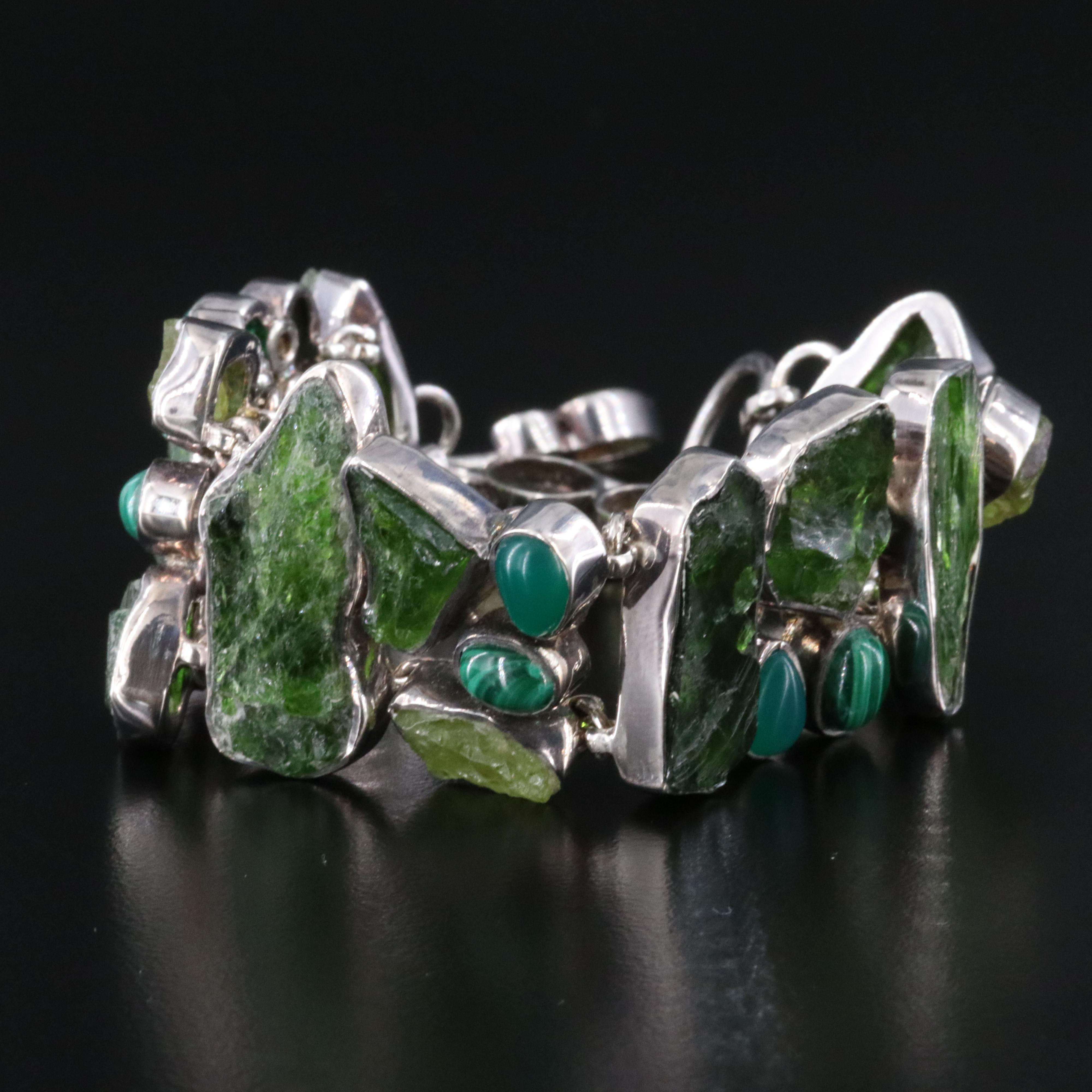 Sterling Peridot, Chalcedony and Malachite Bracelet