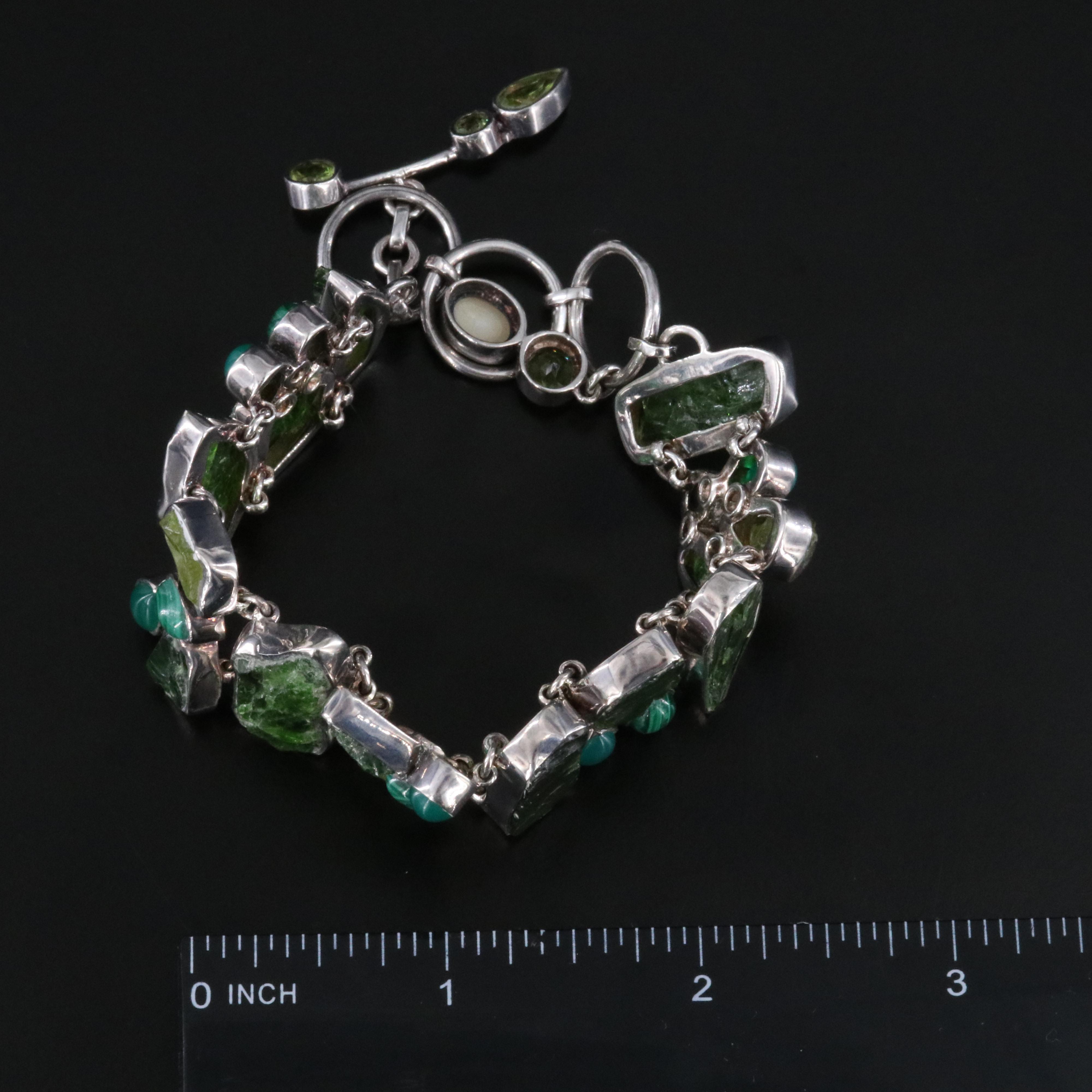 Sterling Peridot, Chalcedony and Malachite Bracelet