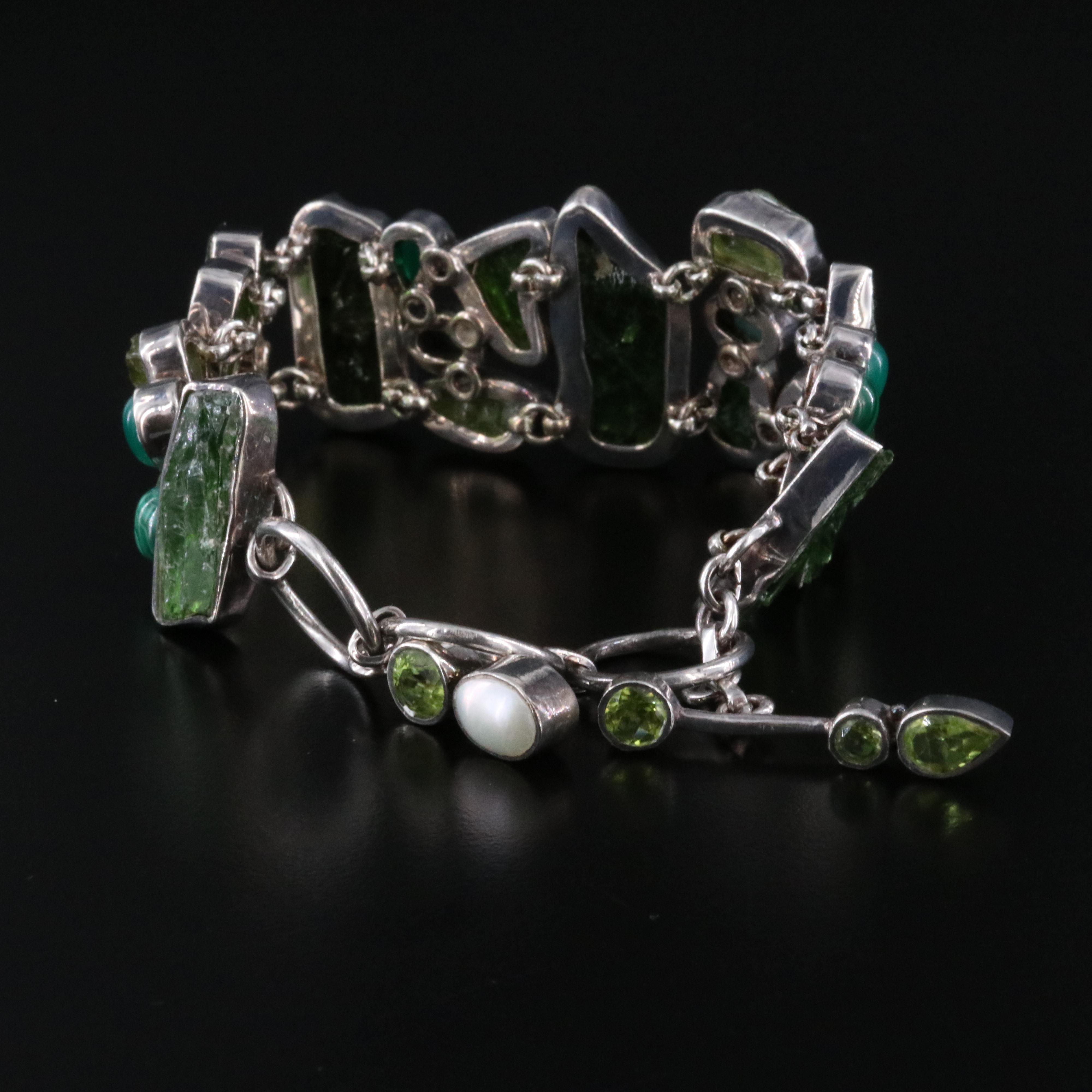 Sterling Peridot, Chalcedony and Malachite Bracelet