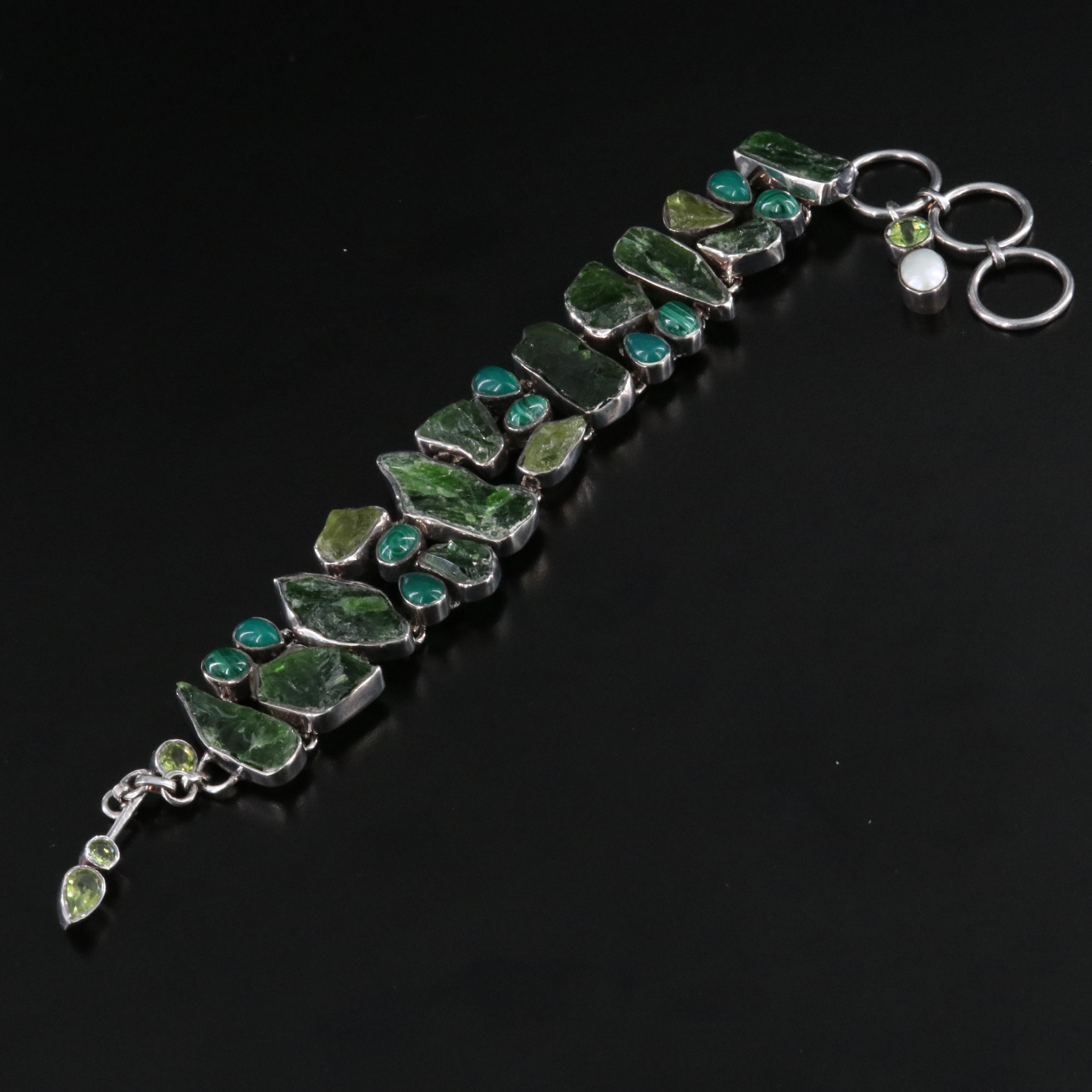Sterling Peridot, Chalcedony and Malachite Bracelet