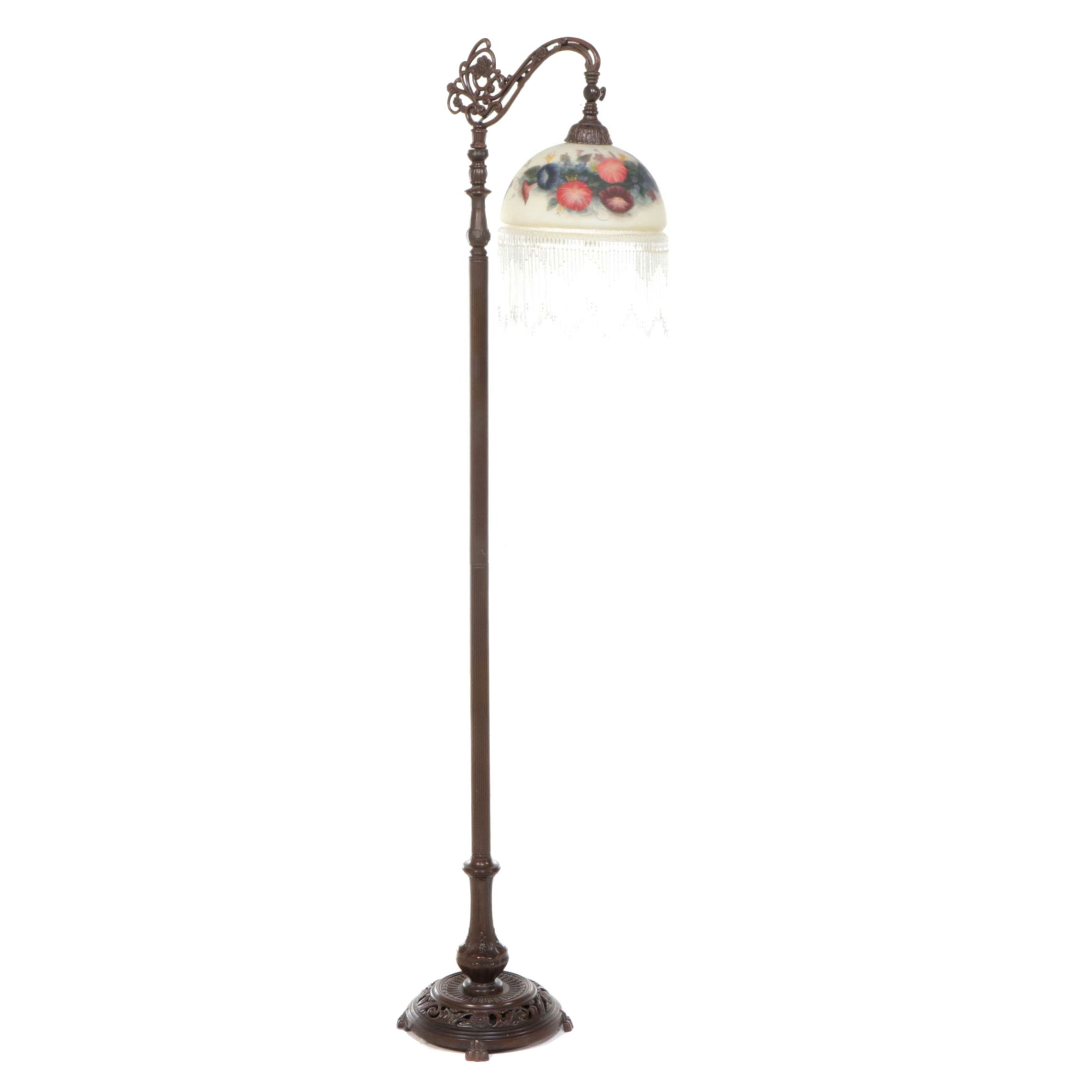 Victorian Style Bronze Painted Bridge Arm Lamp with Reverse Painted Shade