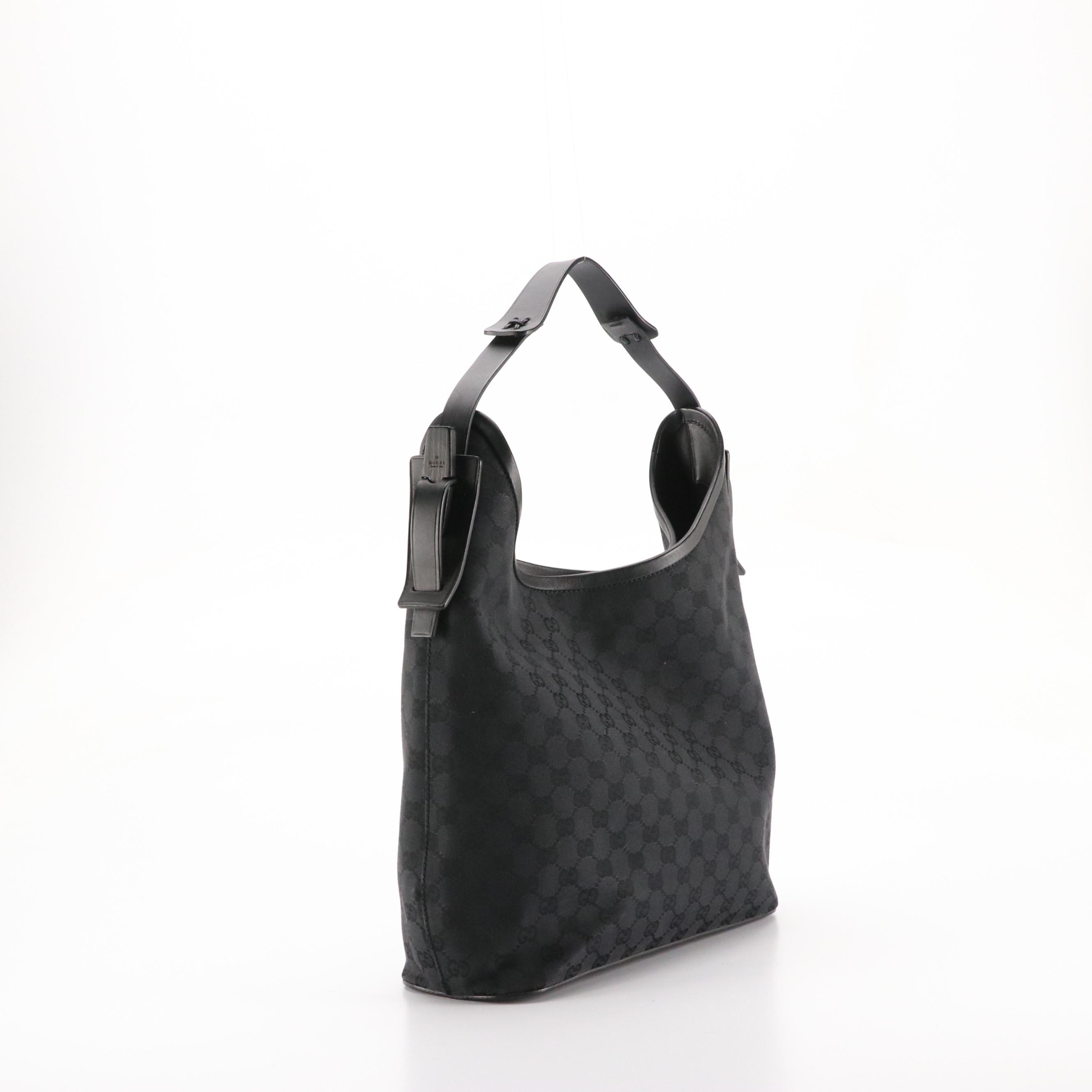 Gucci Hobo Shoulder Bag in Black GG Canvas and Leather Trim with Bamboo Accents