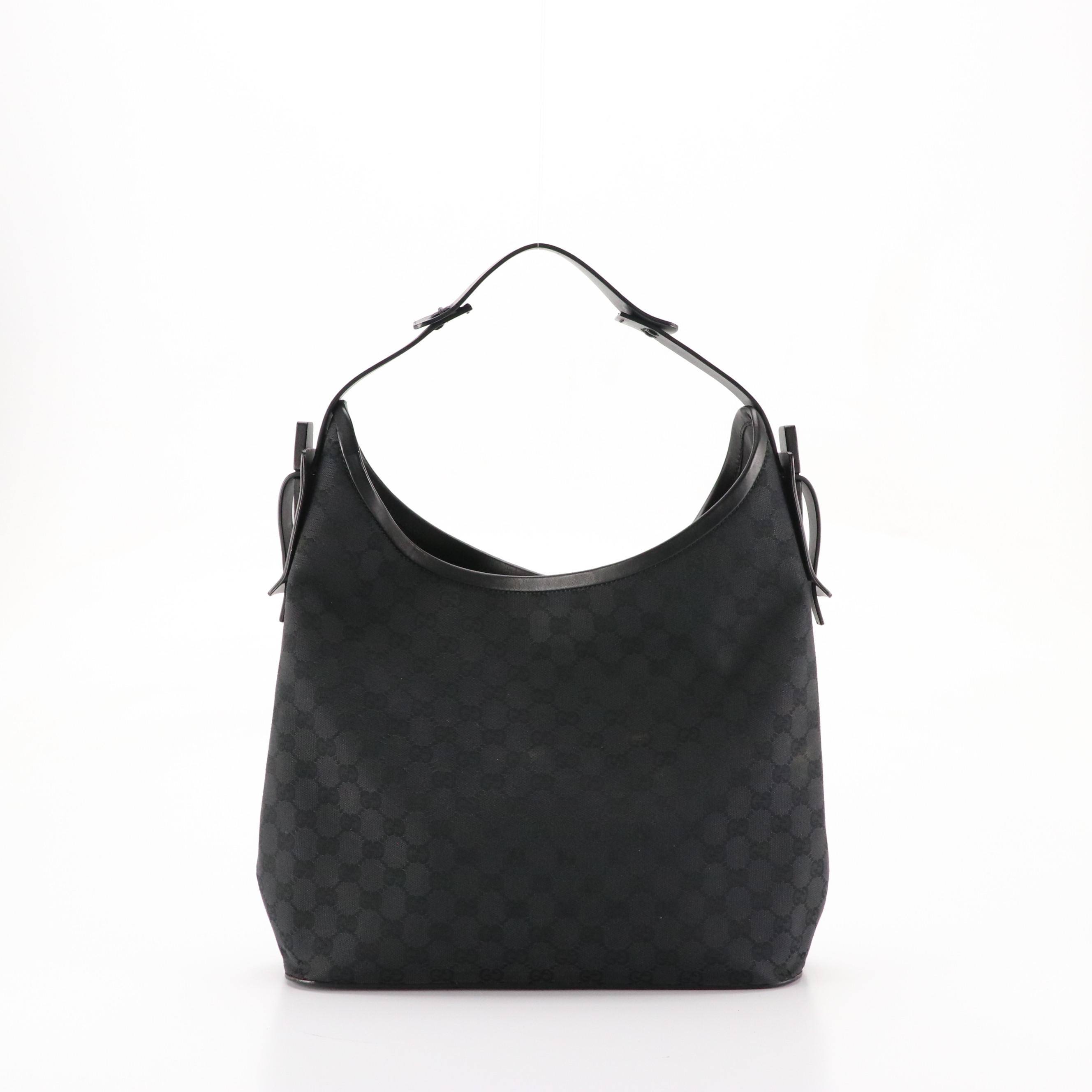 Gucci Hobo Shoulder Bag in Black GG Canvas and Leather Trim with Bamboo Accents