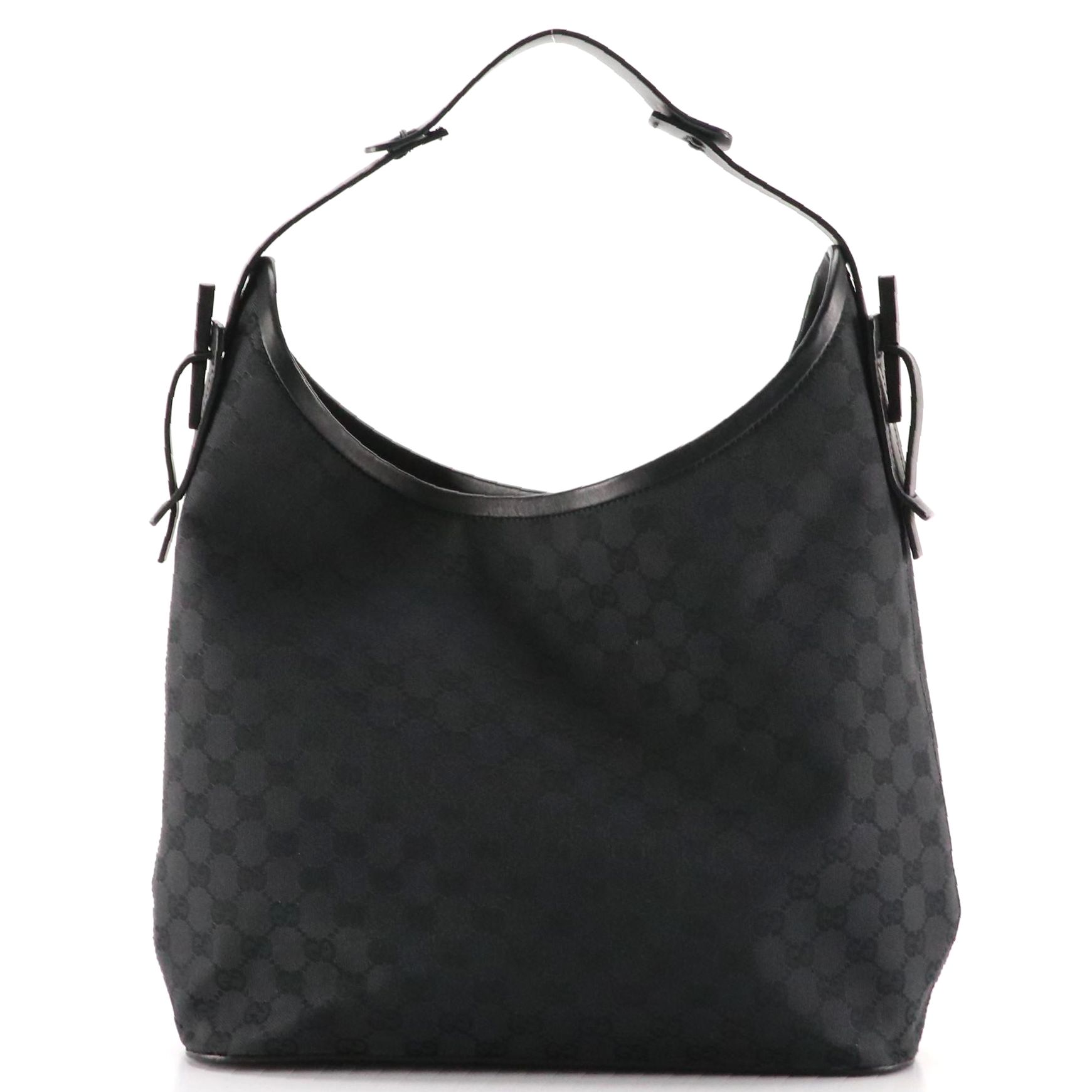 Gucci Hobo Shoulder Bag in Black GG Canvas and Leather Trim with Bamboo Accents