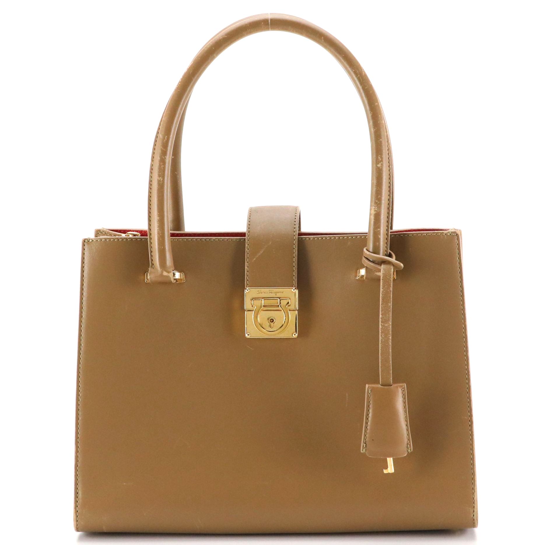 Salvatore Ferragamo Juliet Gancini Lock Handbag Tote in Brown Leather