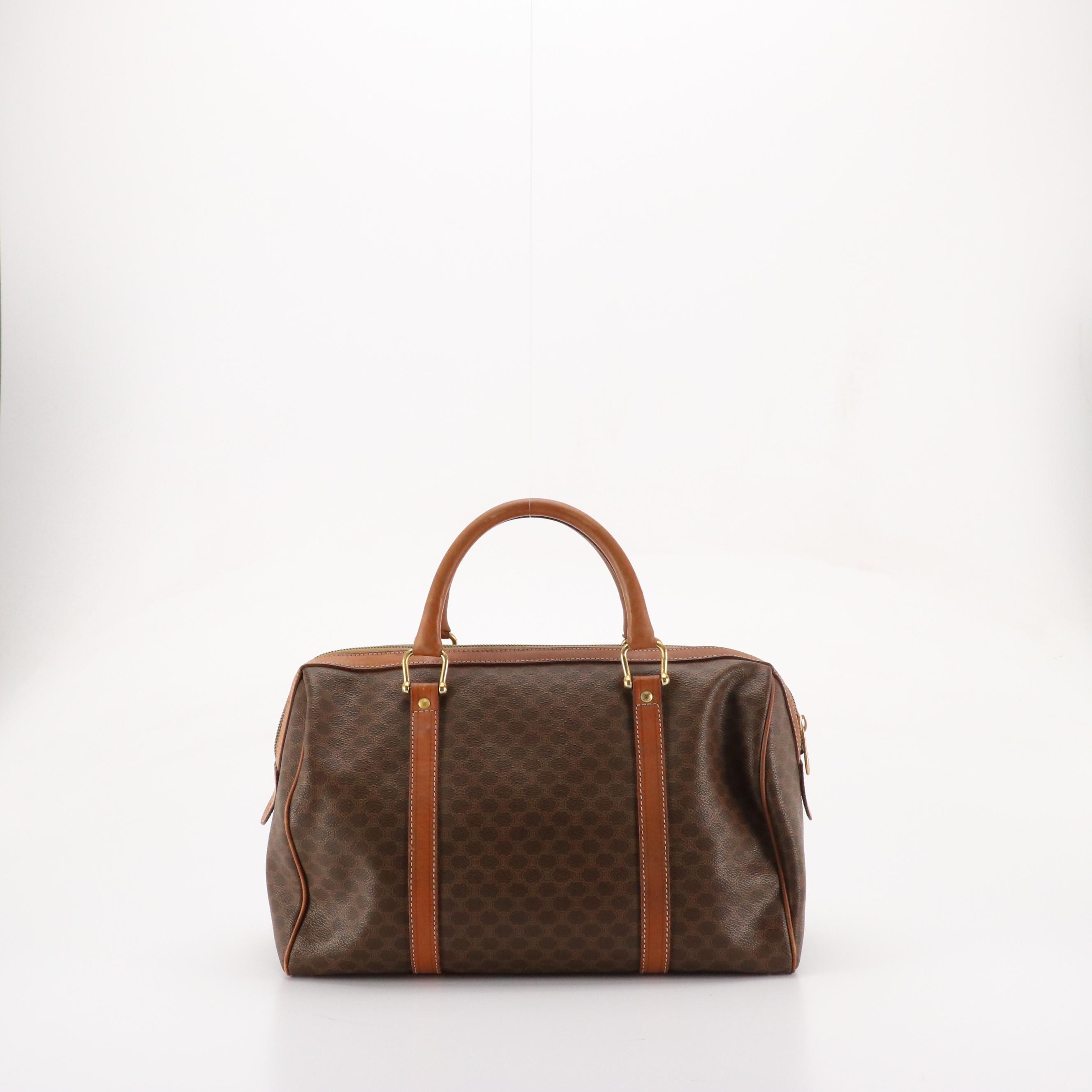 Celine Boston Bag in Dark Brown Macadam Canvas and Brown Leather Trim