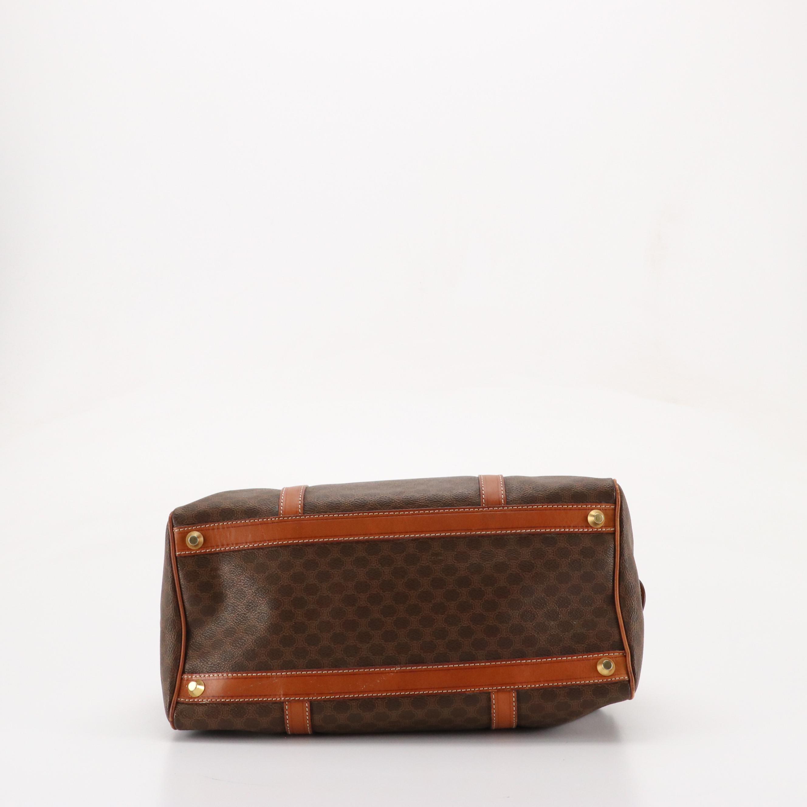 Celine Boston Bag in Dark Brown Macadam Canvas and Brown Leather Trim