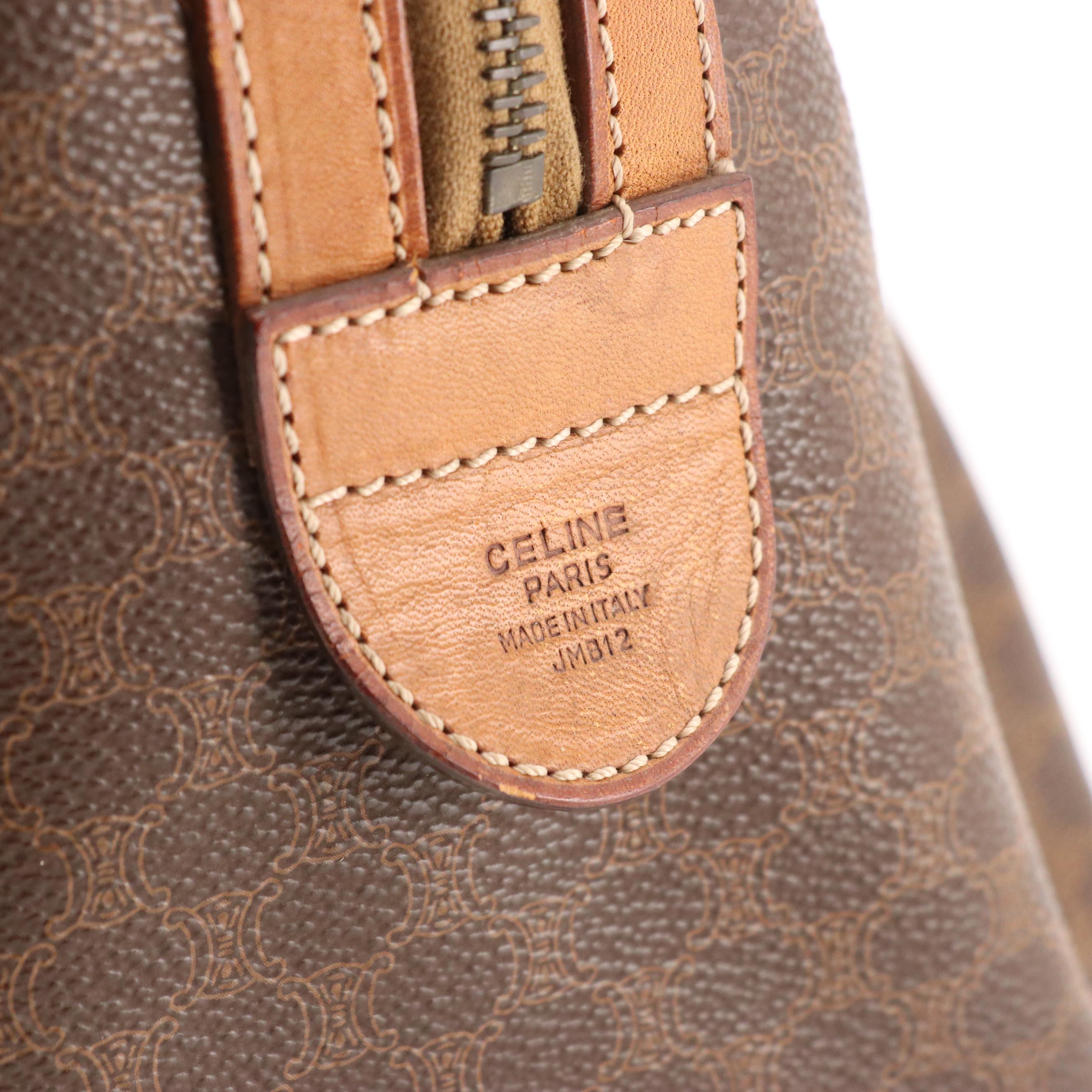 Celine Boston Bag in Dark Brown Macadam Canvas and Brown Leather Trim