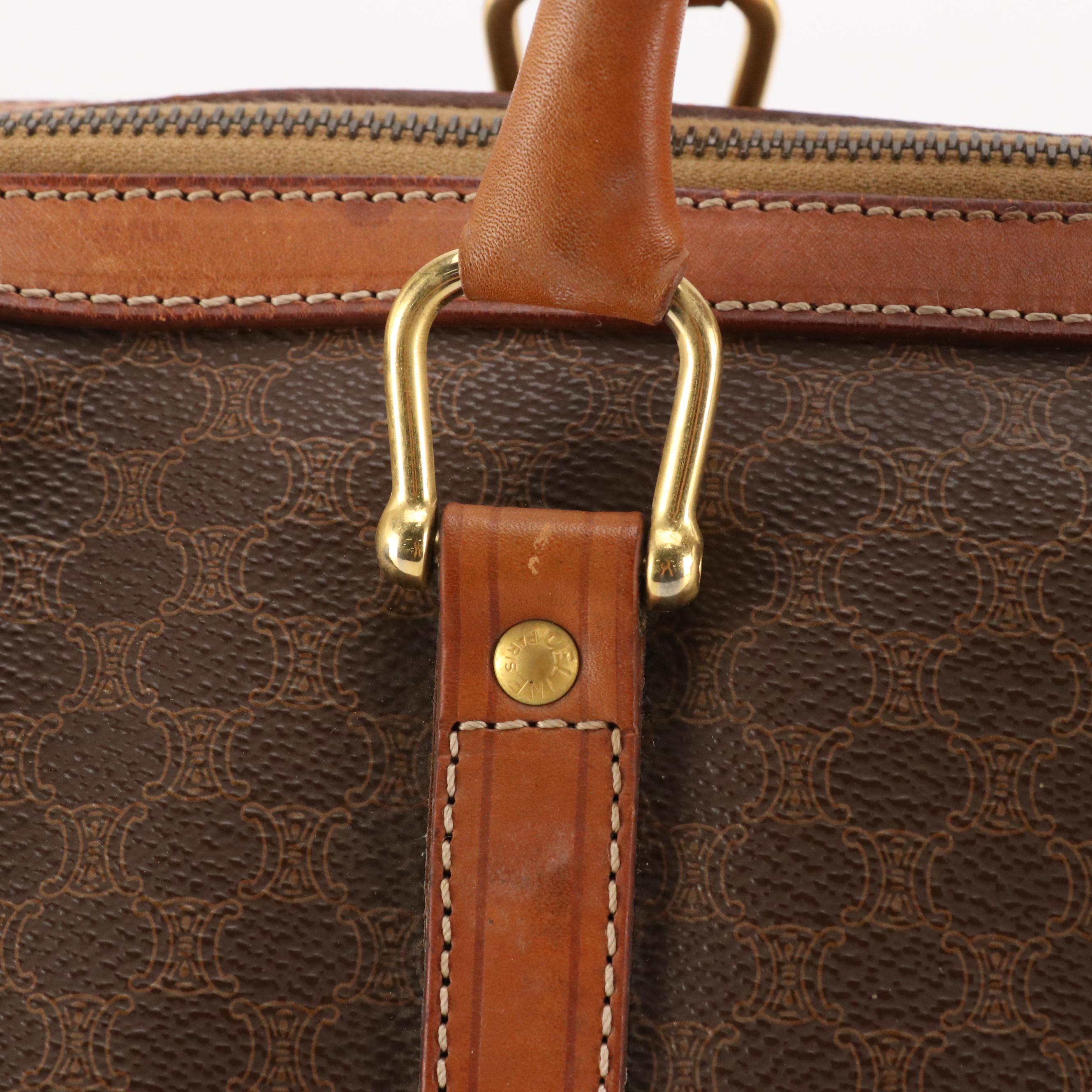 Celine Boston Bag in Dark Brown Macadam Canvas and Brown Leather Trim