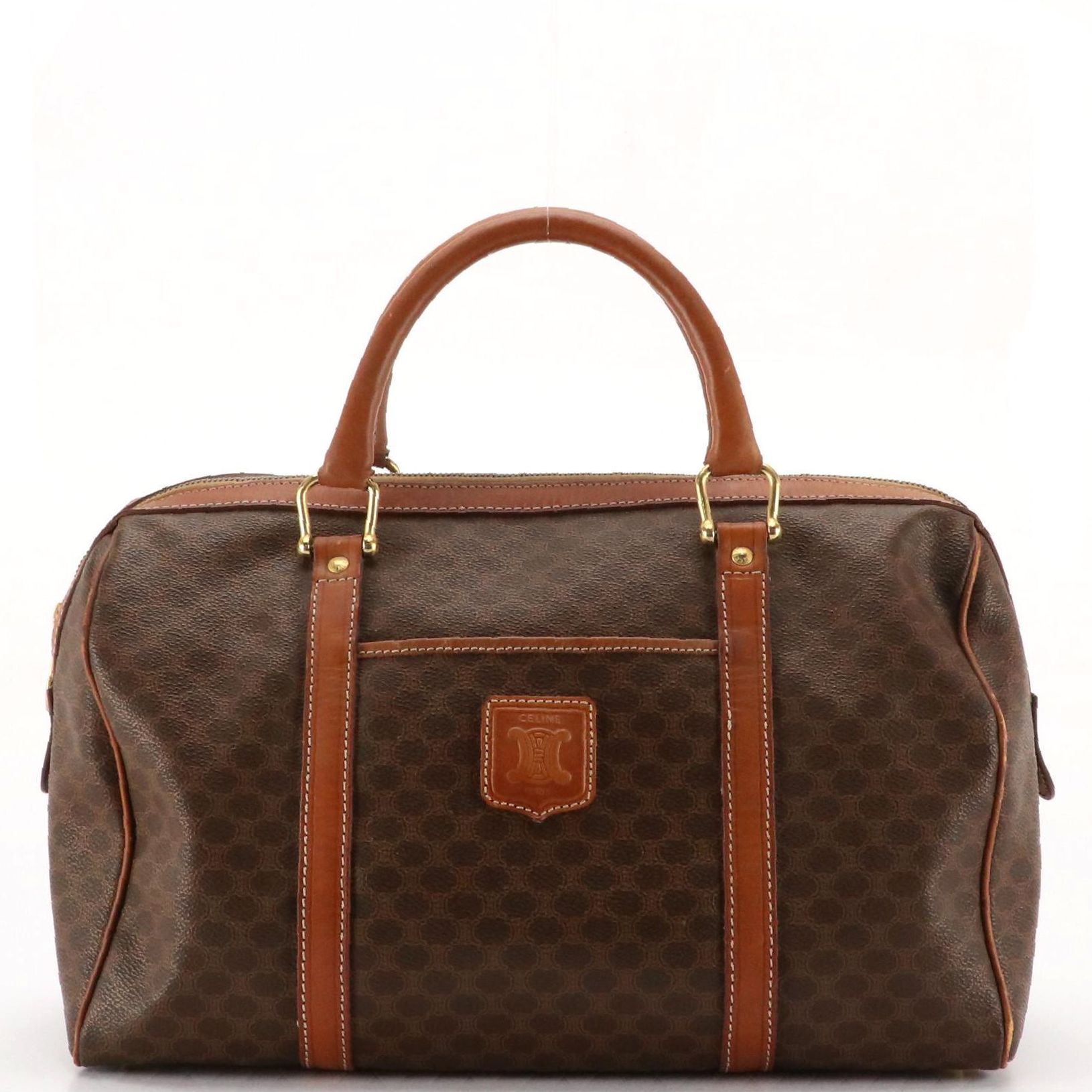 Celine Boston Bag in Dark Brown Macadam Canvas and Brown Leather Trim