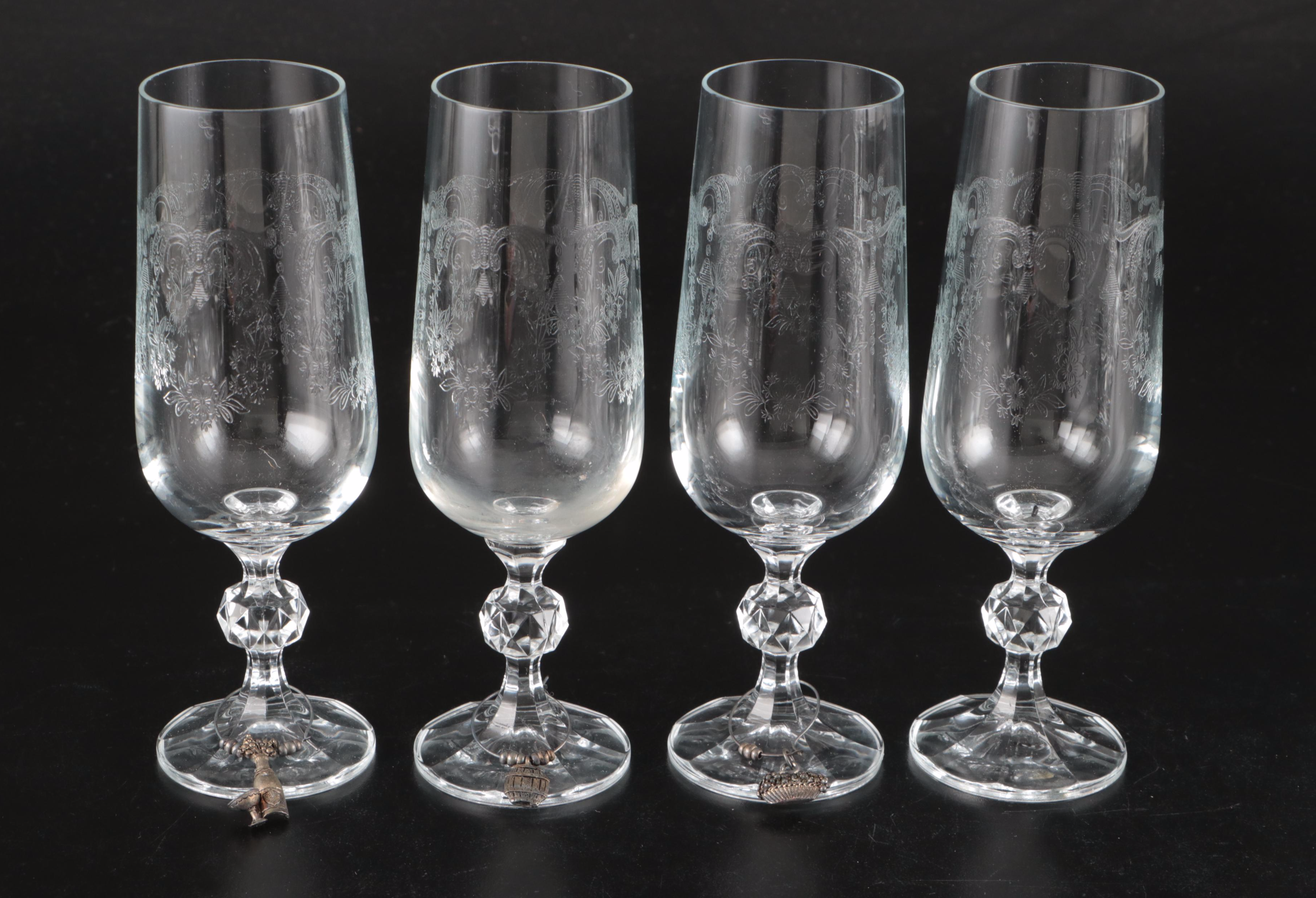 Floral Motif Etched Glass Champagne Flutes and Wine Glasses and More