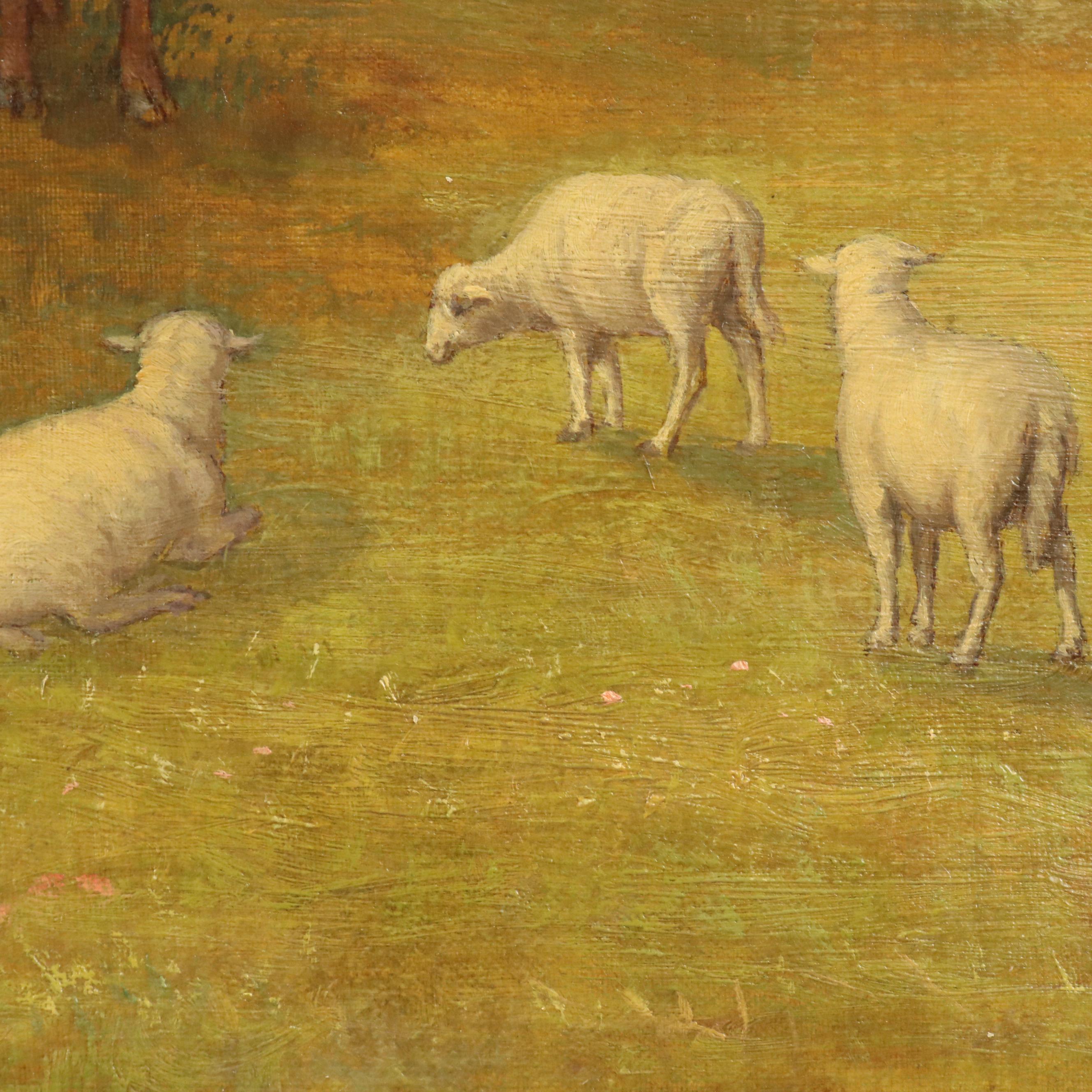 Nikolay T. Leganger Landscape Oil Painting of Sheep and Cows at Lakeside