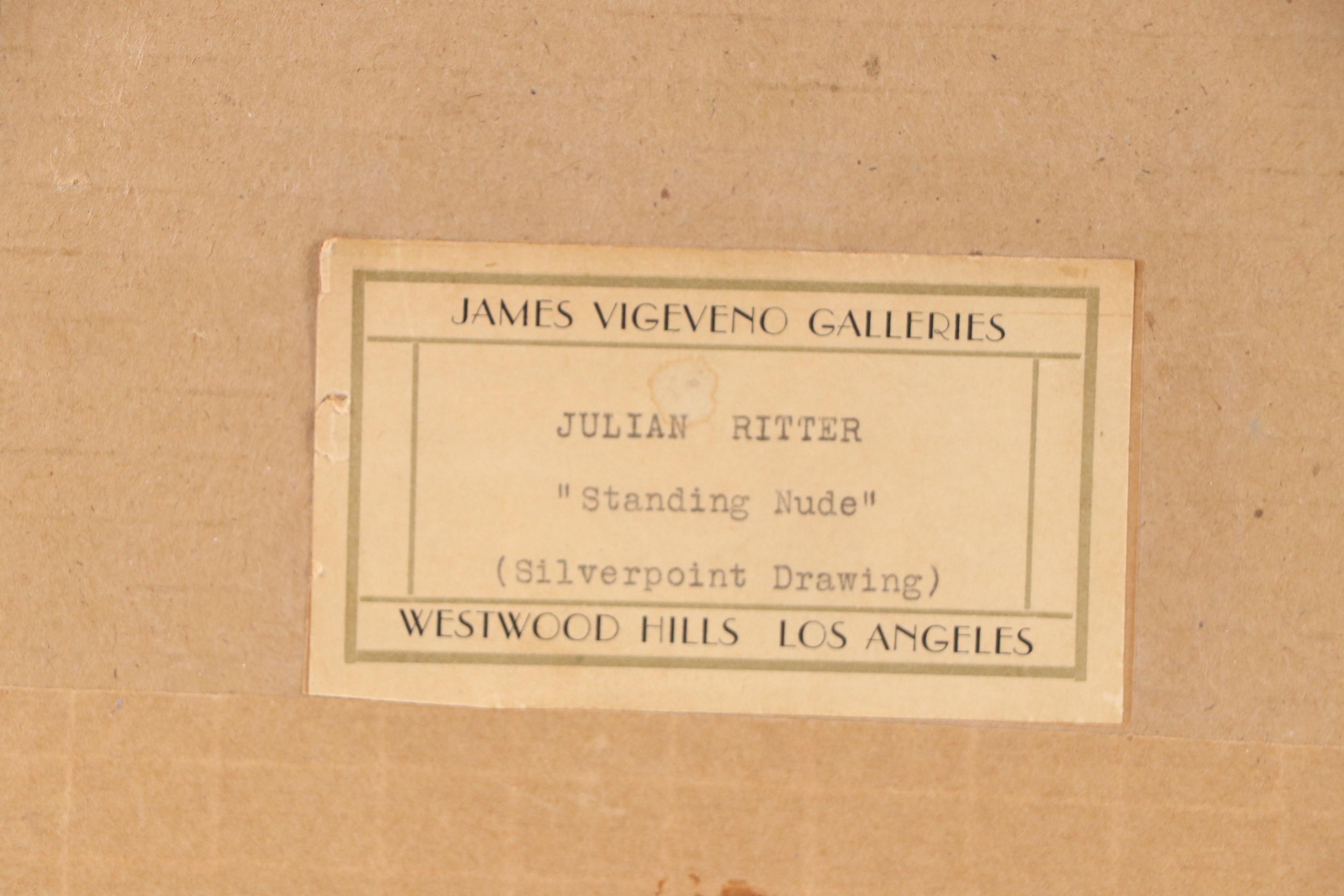 Julian Ritter Silverpoint Drawing "Standing Nude," Mid-20th Century