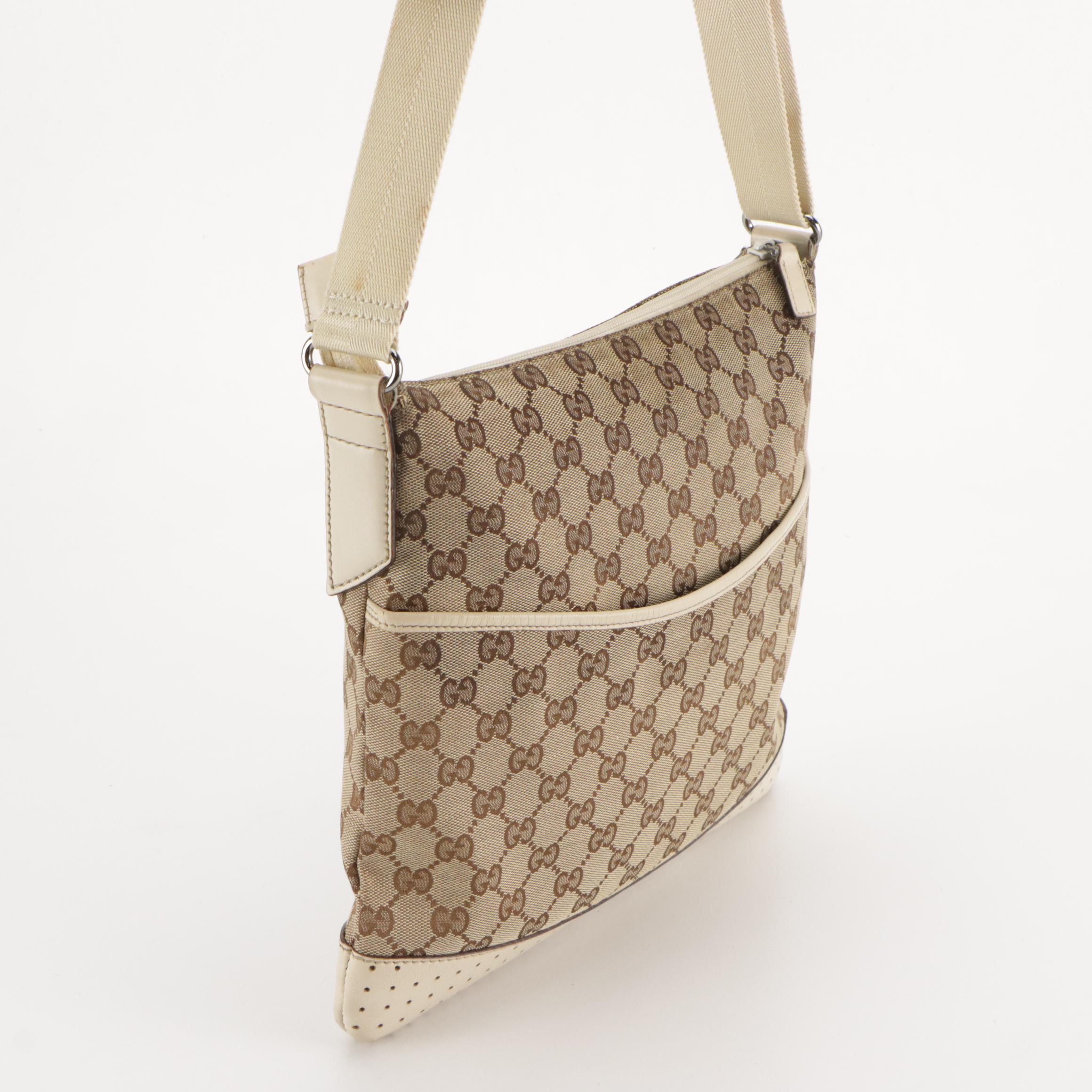 Gucci Messenger Crossbody Bag in GG Canvas and Ivory Perforated Leather Trim
