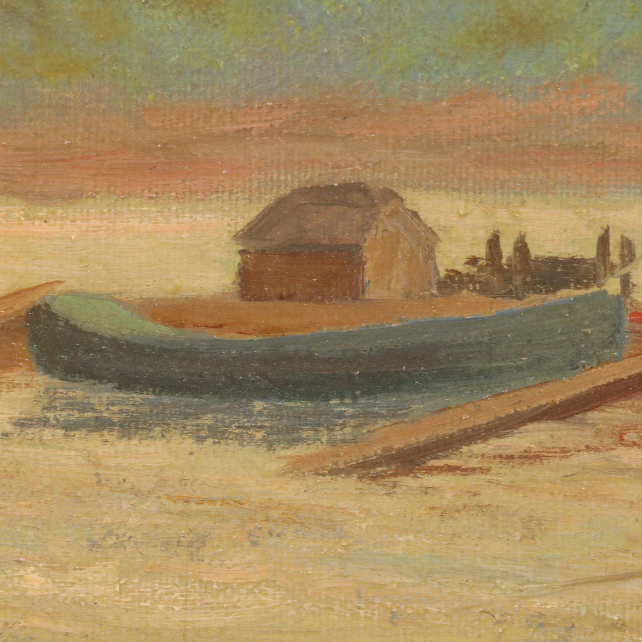 Fred Ehmann Oil Painting Depicting River Scene With Flatboat, Early 20th Century
