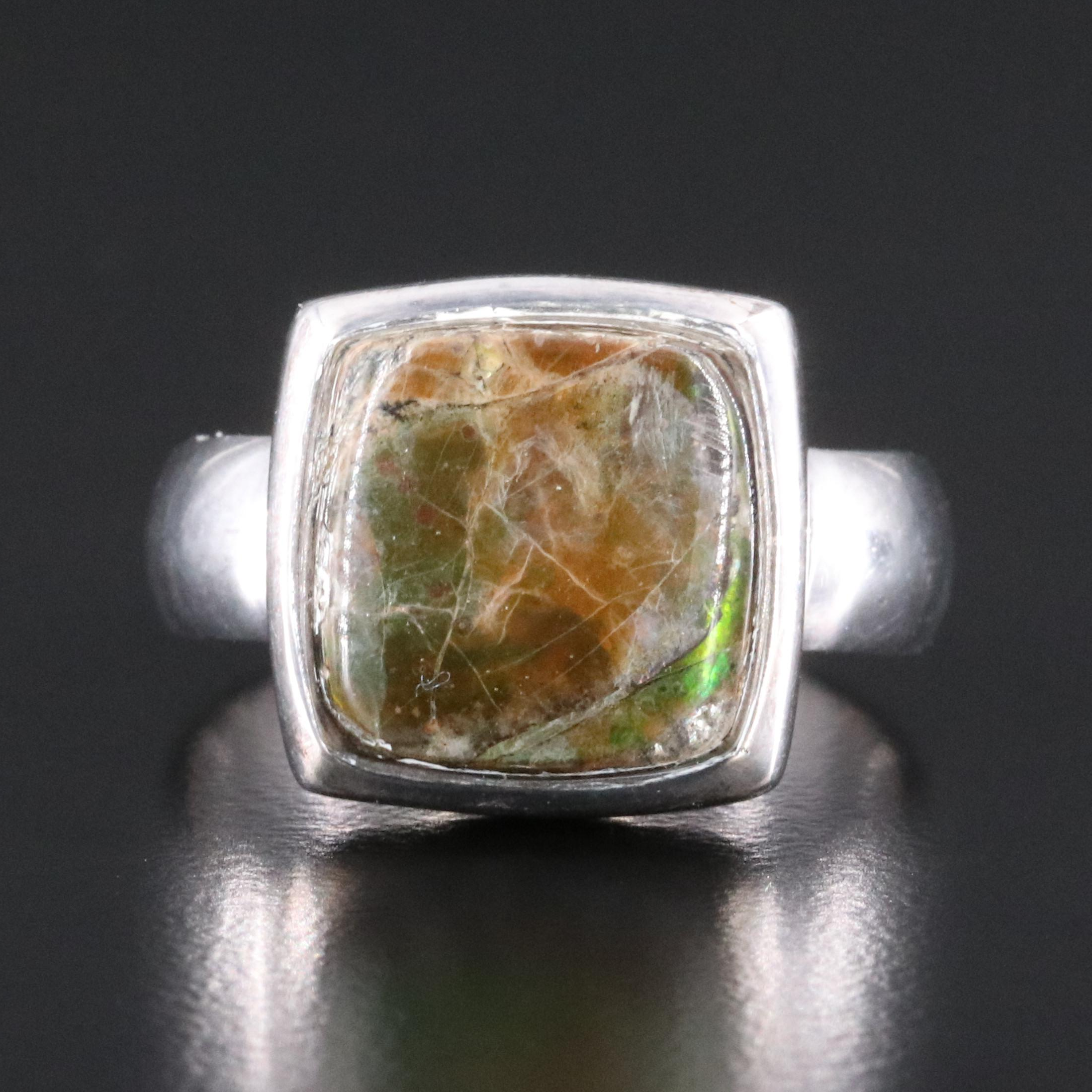 Sterling Ammolite Bezel Set Ring