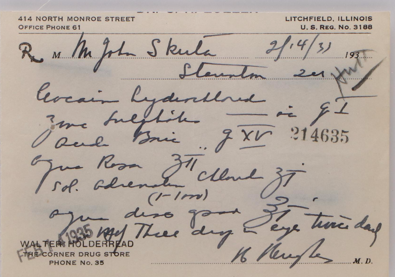 Prescription Form for Cocaine Hydrochloride 1935