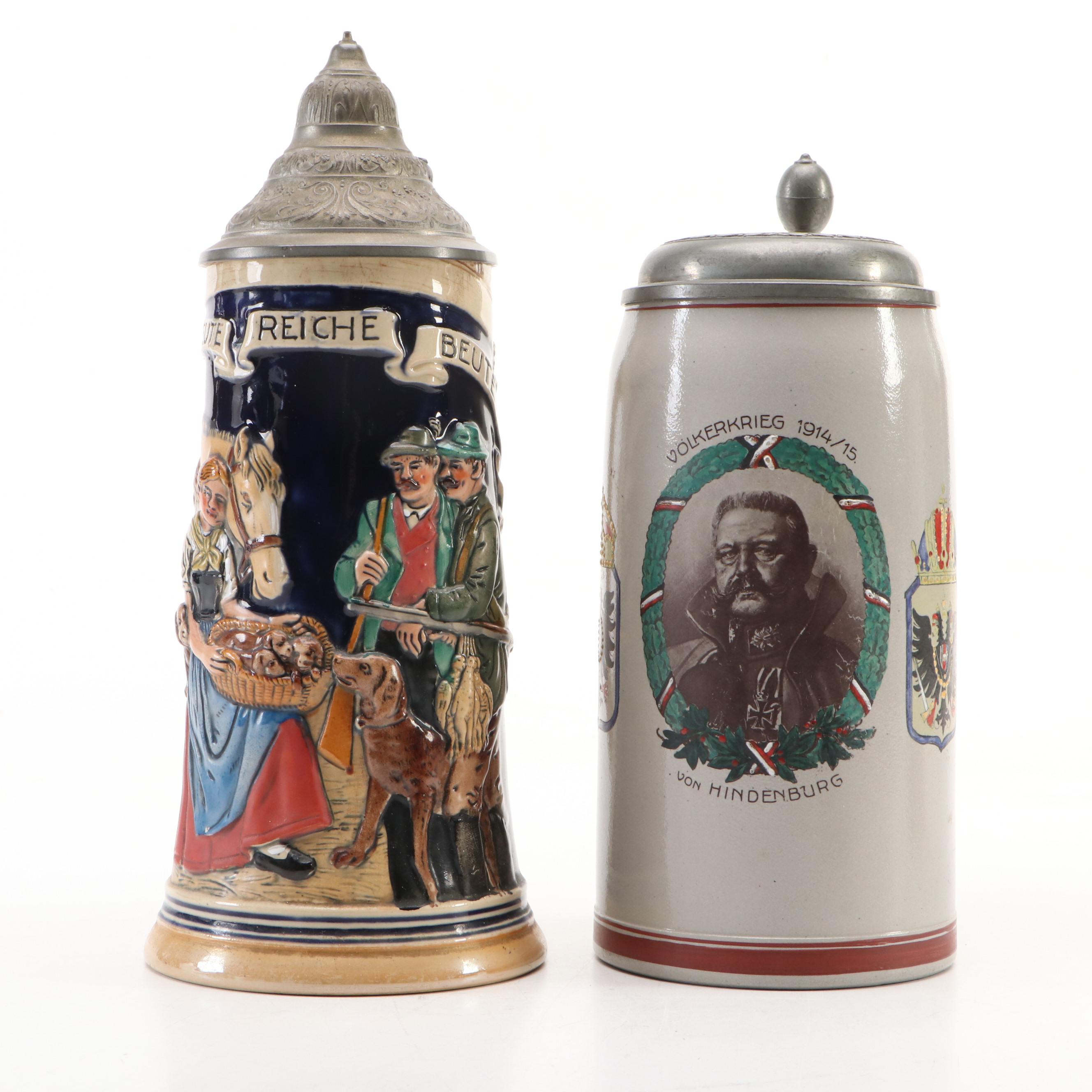 Von Hindenberg Commemorative Stein, Hunters & Woman and Puppies Musical Stein