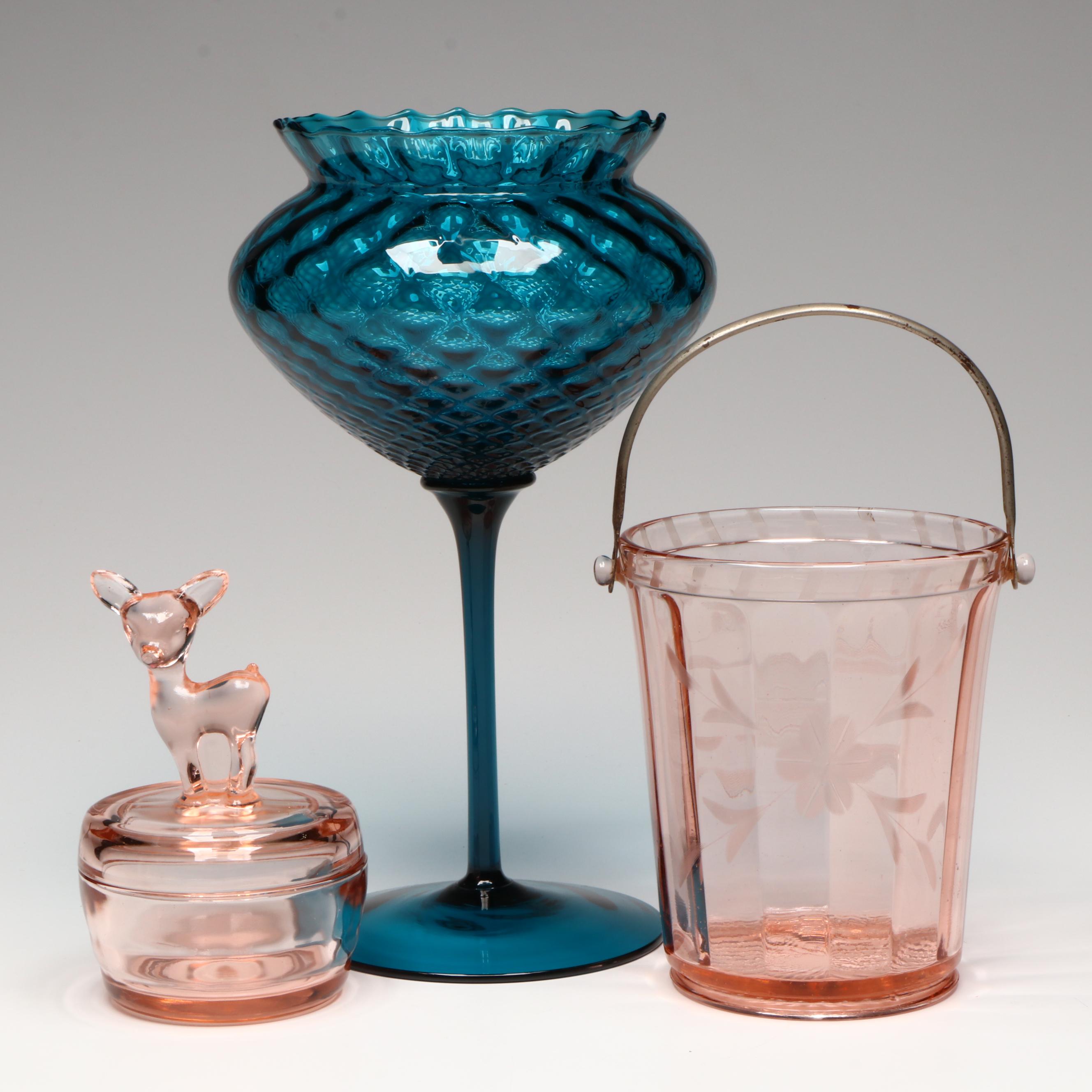 Empoli Italian Glass Blue Optic Goblet Bowl with Pink Glass Ice Bucket and Jar