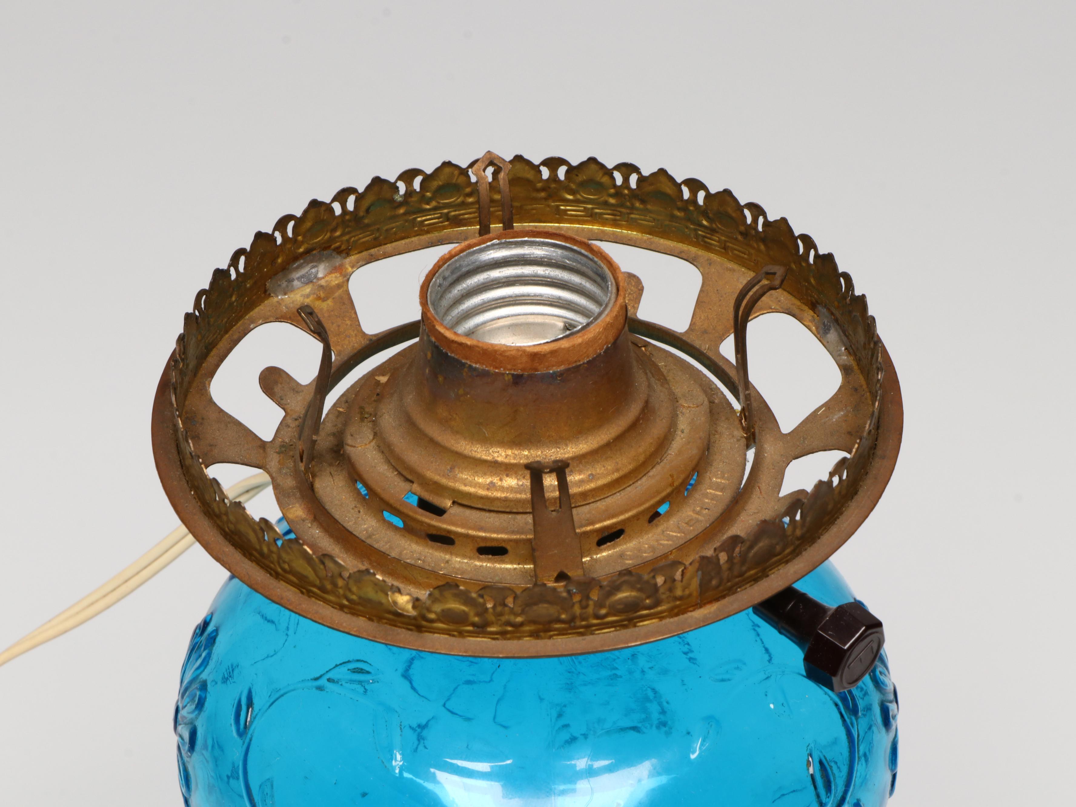 Blue Pressed Glass Kerosene Table Lamp with Ruffled Shade, Adapted Mid-20th C