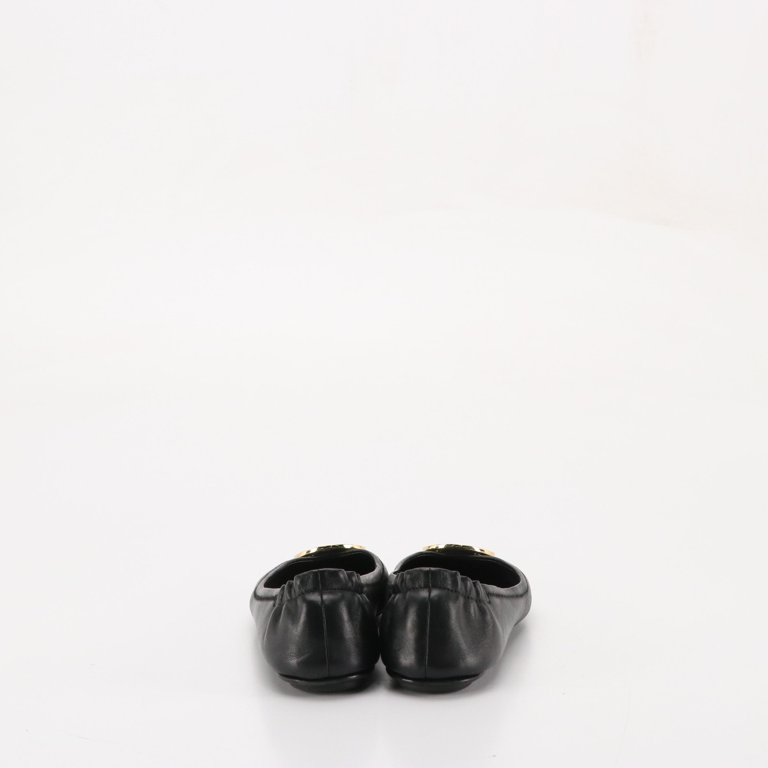 Tory Burch Reva Ballet Flats in Black Leather with Gold Logo