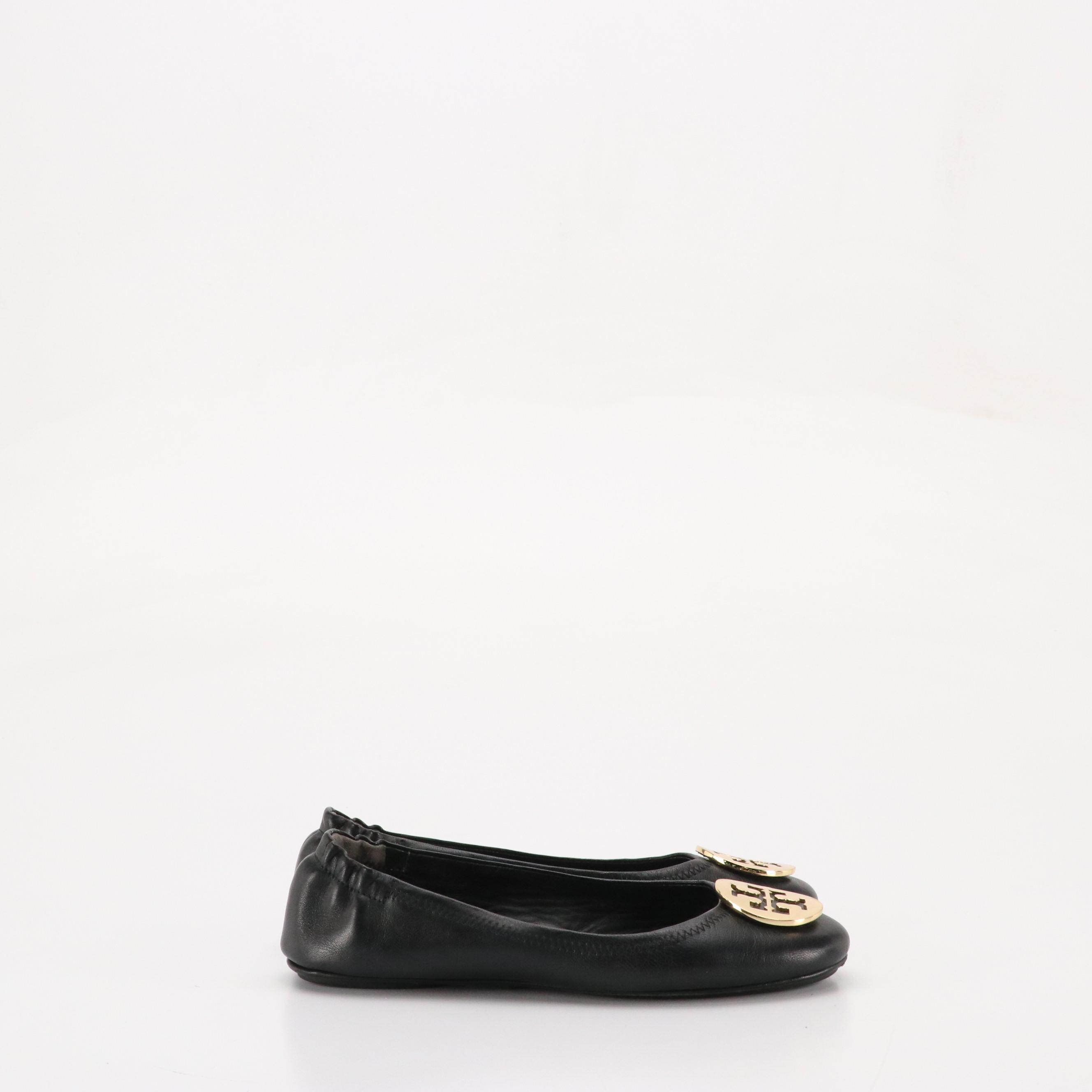 Tory Burch Reva Ballet Flats in Black Leather with Gold Logo