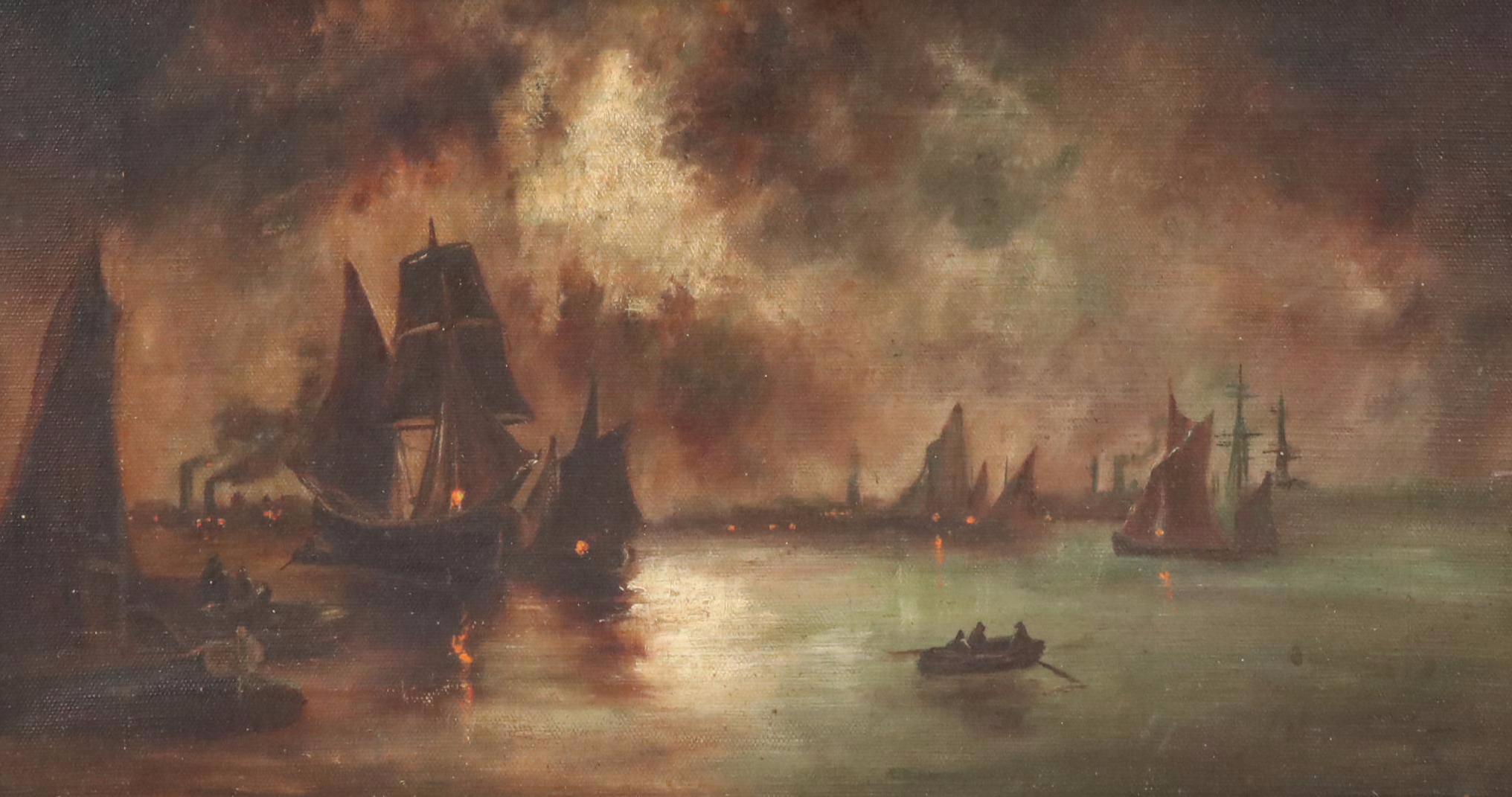 Naval Battle Scene Oil Painting, Circa 1910