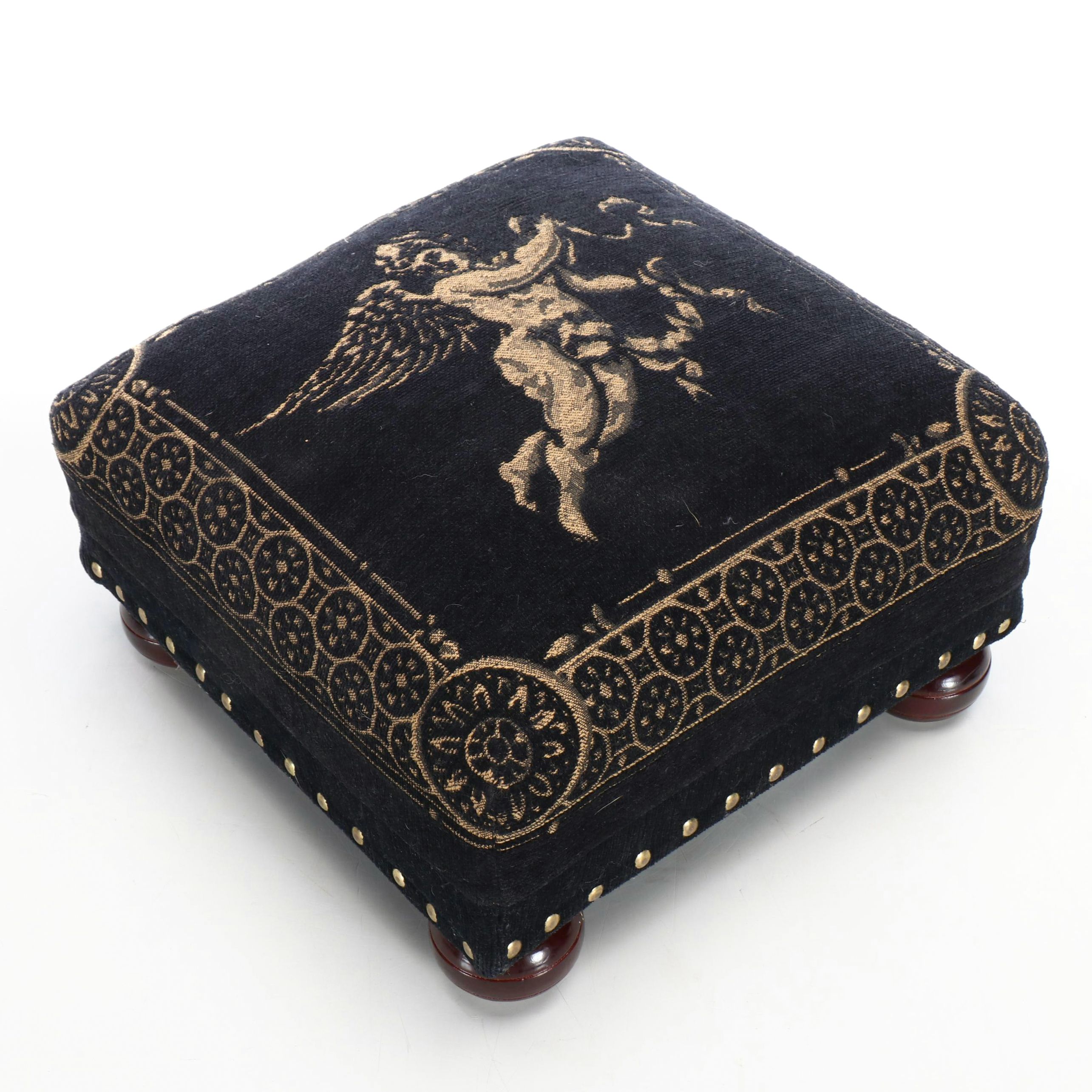 Baroque Style Tapestry Upholstered Footstool with Wooden Bun Feet