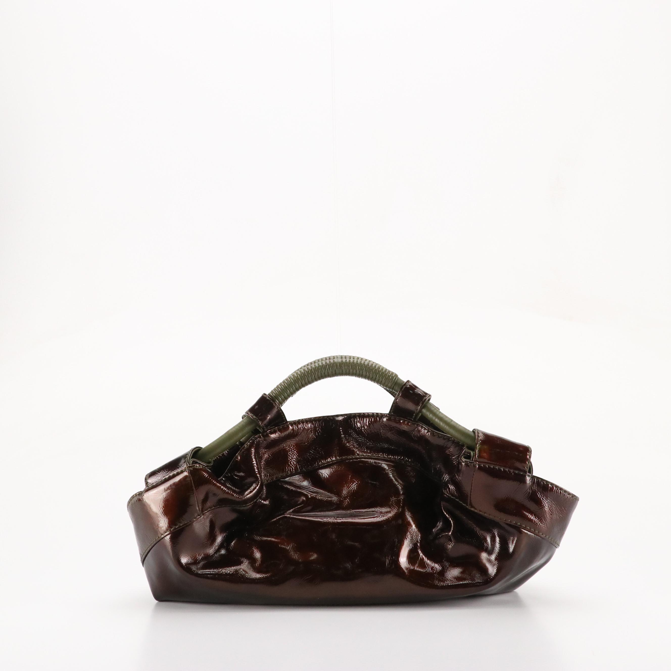 Loewe Aire Soft Top Handle Handbag in Burgundy Crinkled Patent Leather