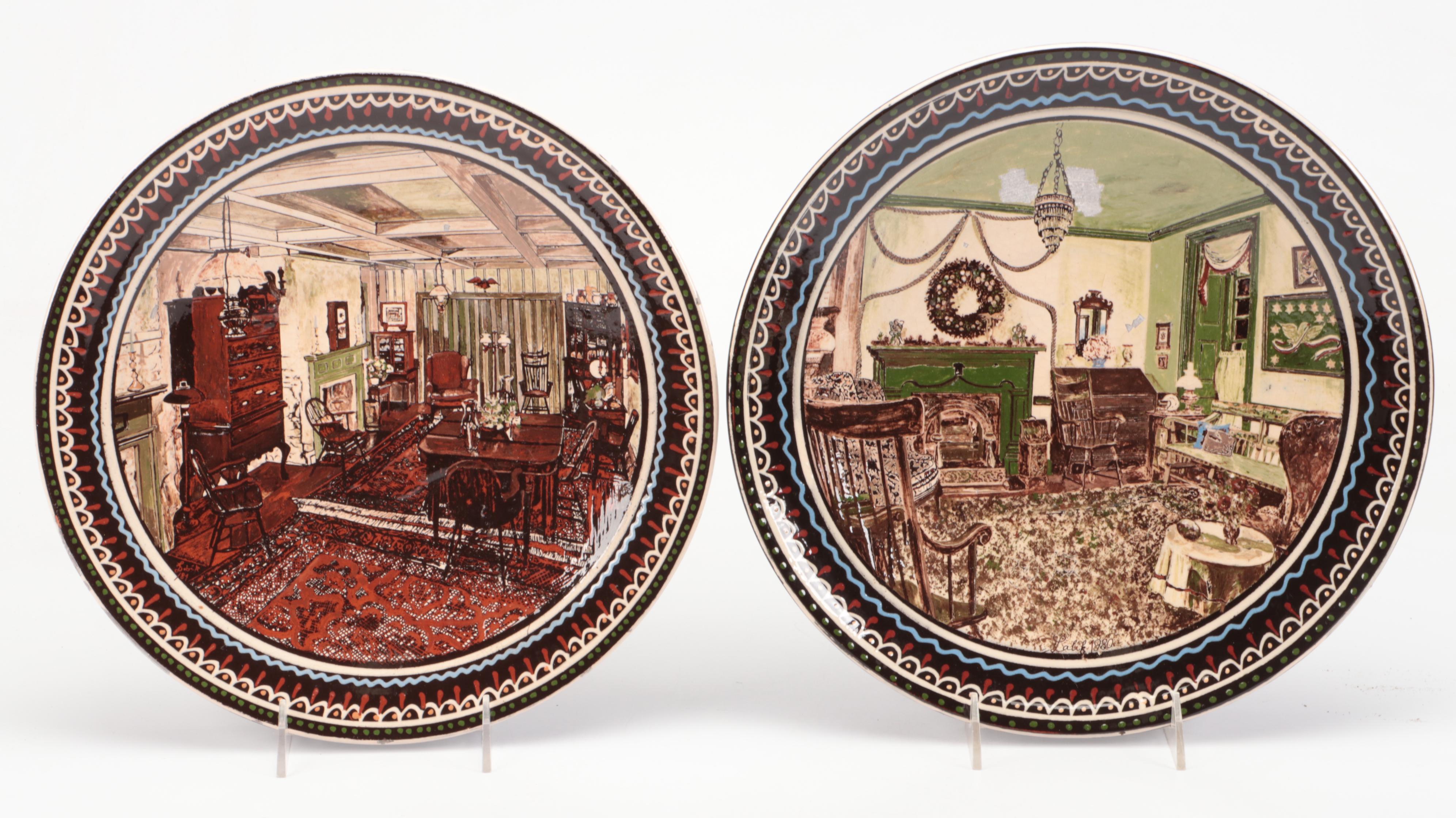 Labik and Other Slip Glazed Redware Chargers Depicting Interior Scenes