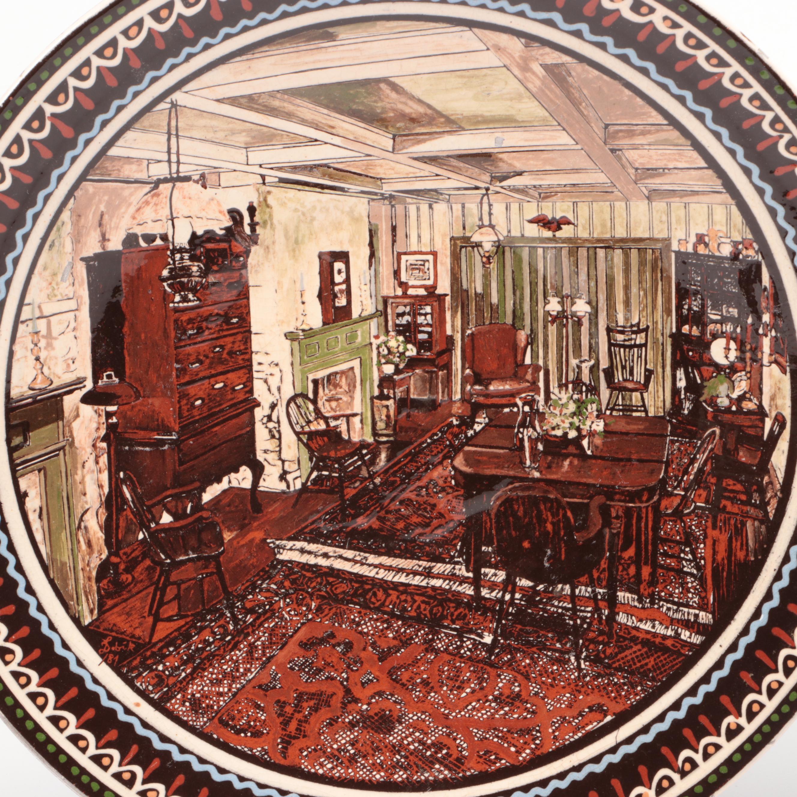 Labik and Other Slip Glazed Redware Chargers Depicting Interior Scenes