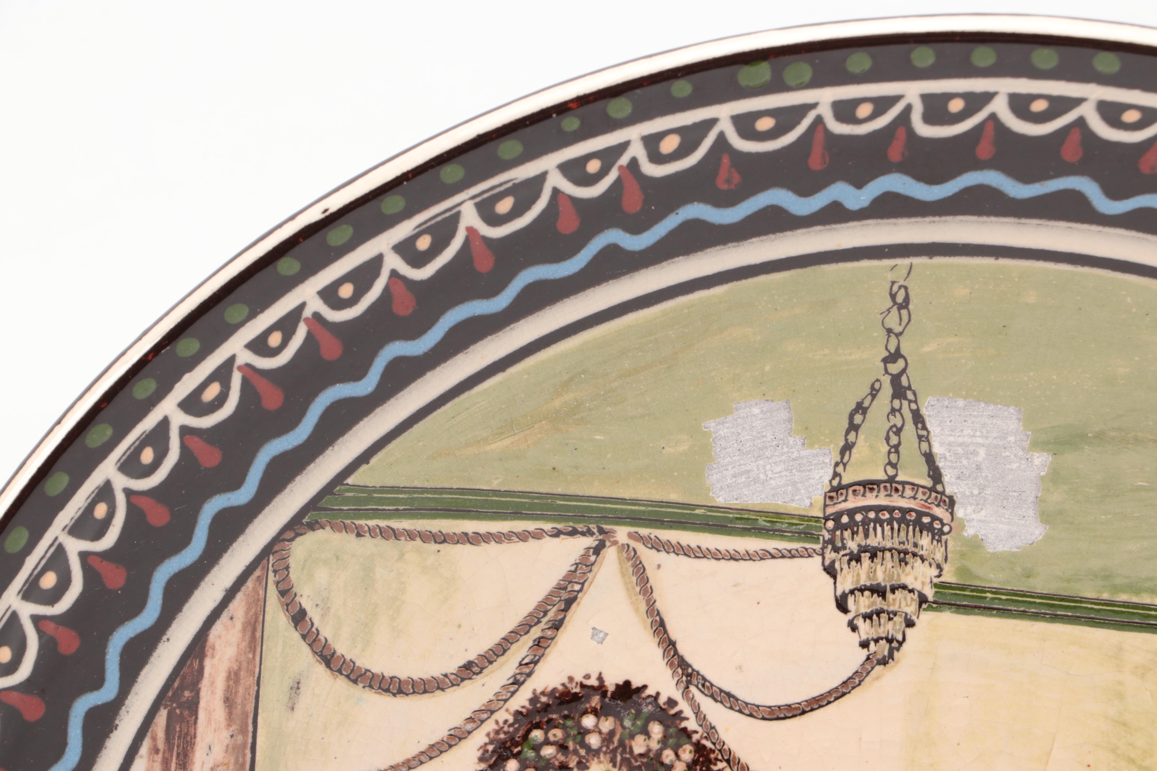 Labik and Other Slip Glazed Redware Chargers Depicting Interior Scenes