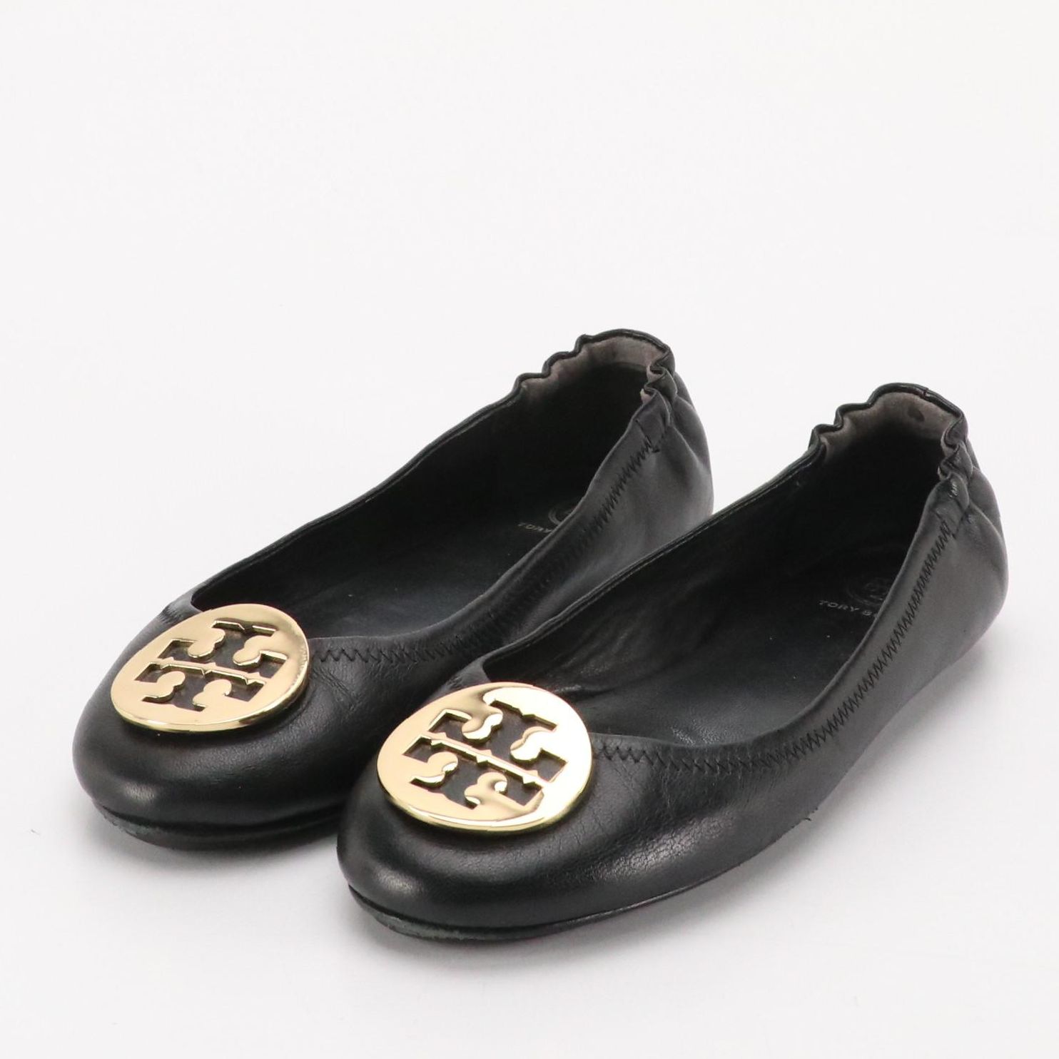 Tory Burch Reva Ballet Flats in Black Leather with Gold Logo