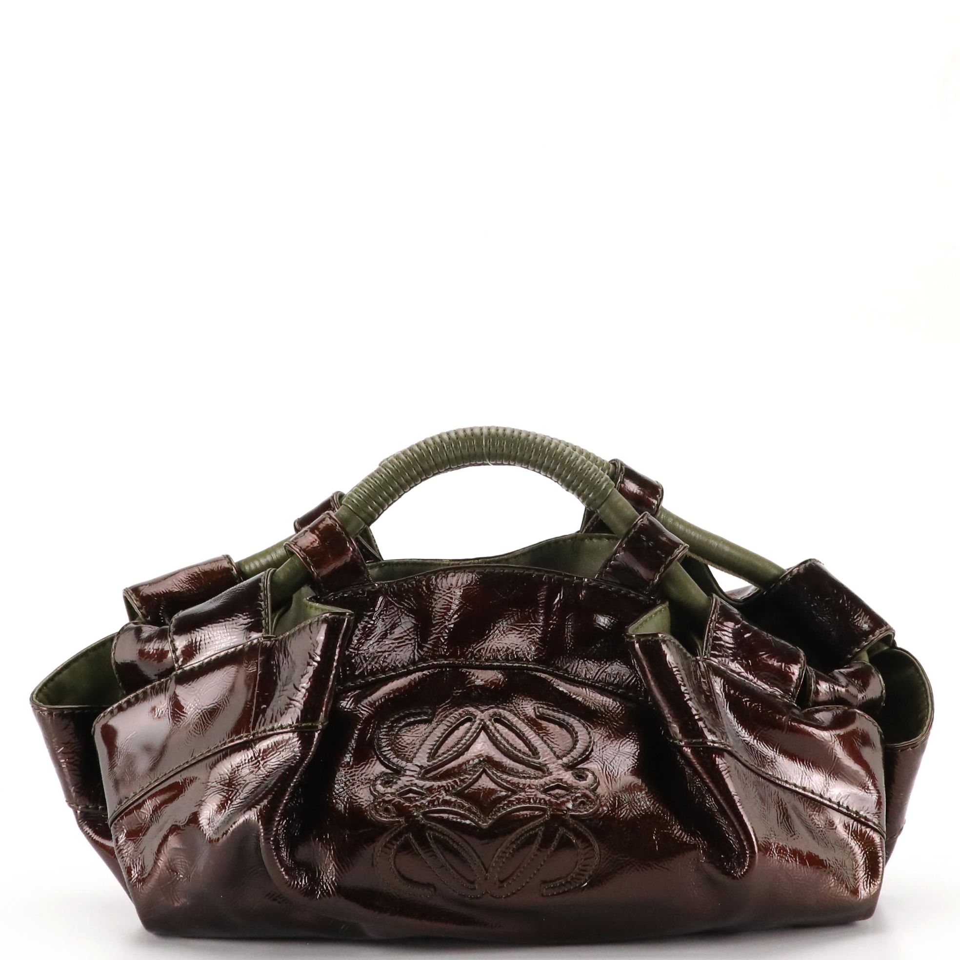 Loewe Aire Soft Top Handle Handbag in Burgundy Crinkled Patent Leather