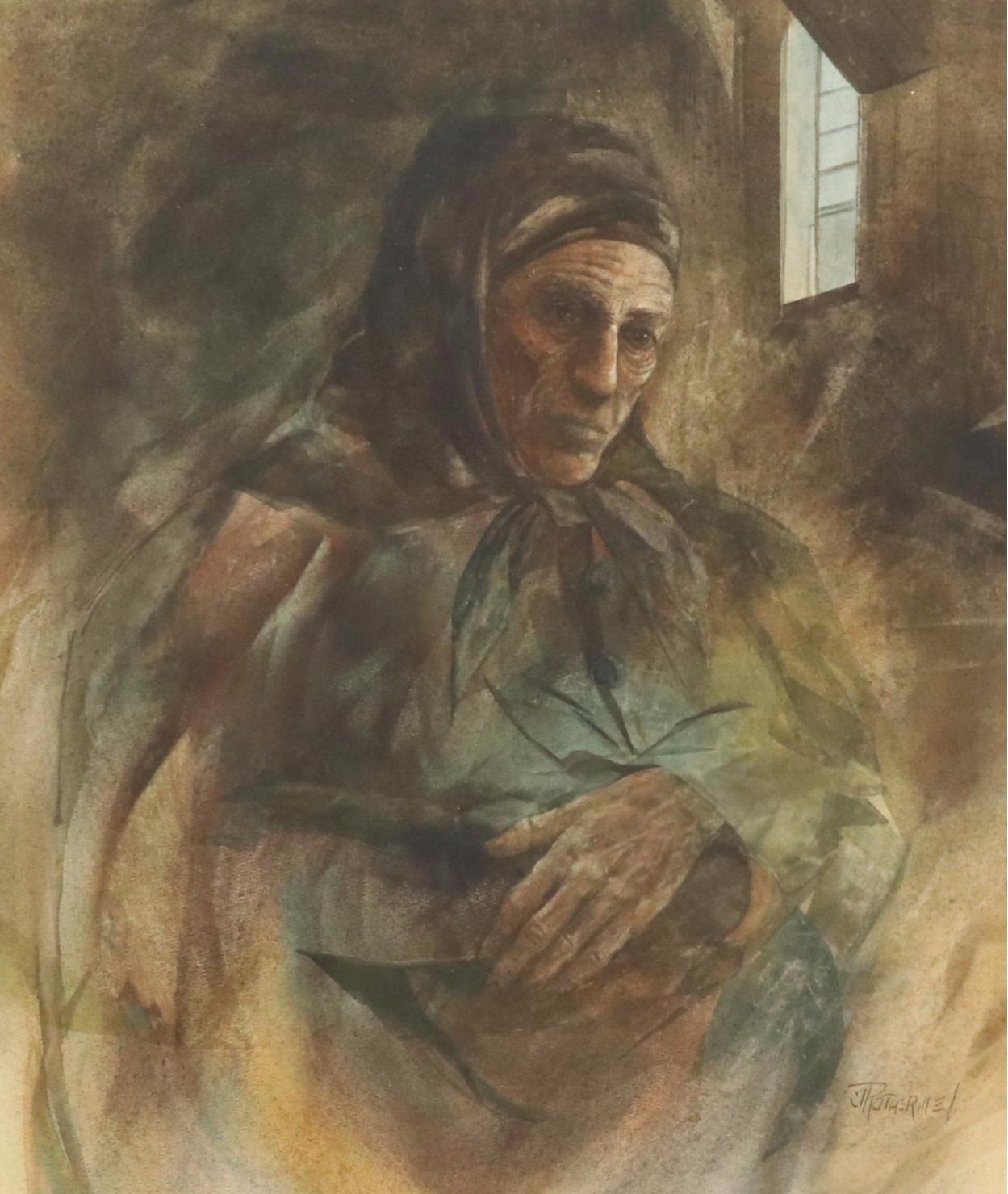 Joan Ashley Rothermel Watercolor Portrait Painting of Elderly Woman, Circa 1970