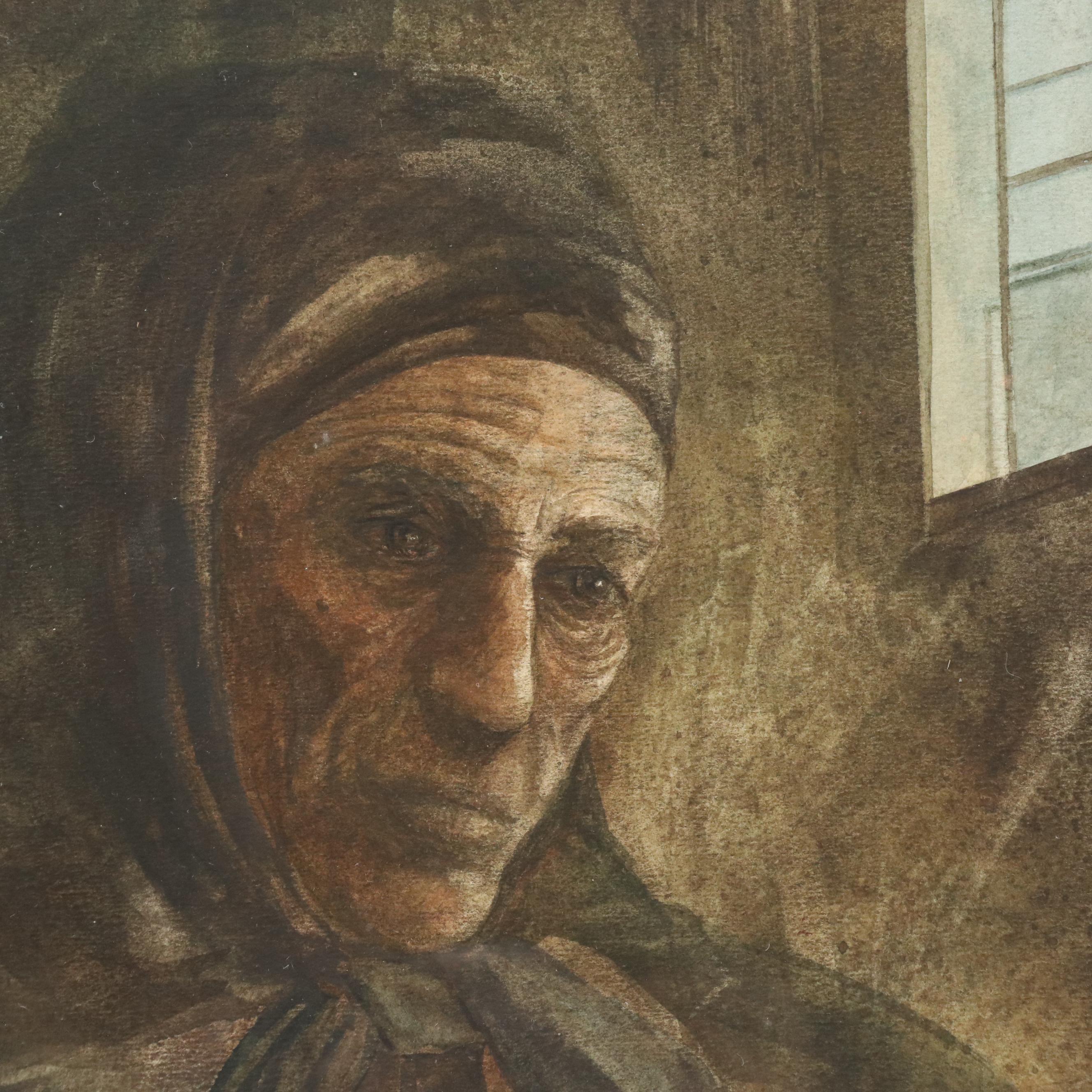 Joan Ashley Rothermel Watercolor Portrait Painting of Elderly Woman, Circa 1970