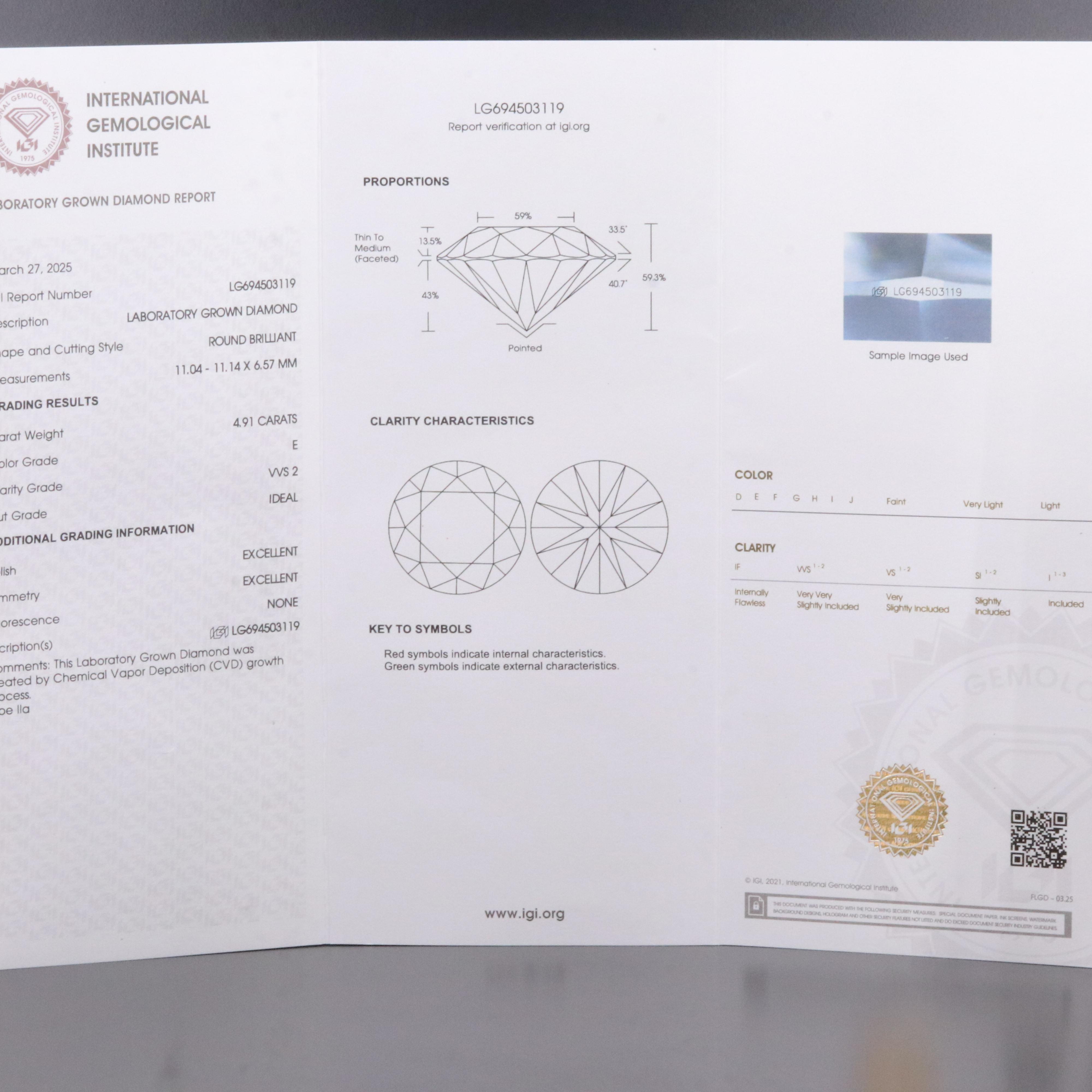 Loose 4.91 CT Lab Grown Diamond with IGI Report
