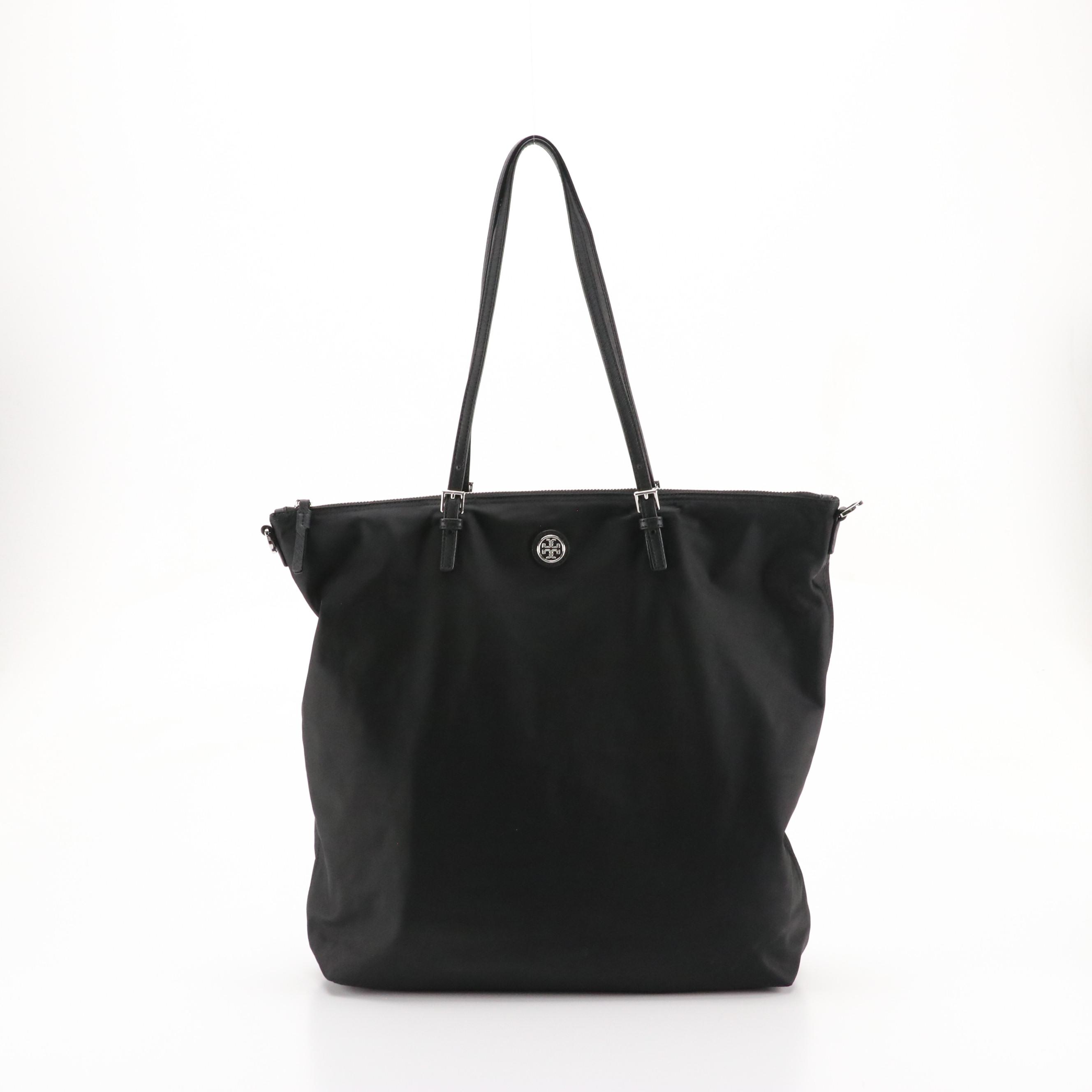 Tory Burch Virginia Zip Tote in Black Nylon and Leather Straps
