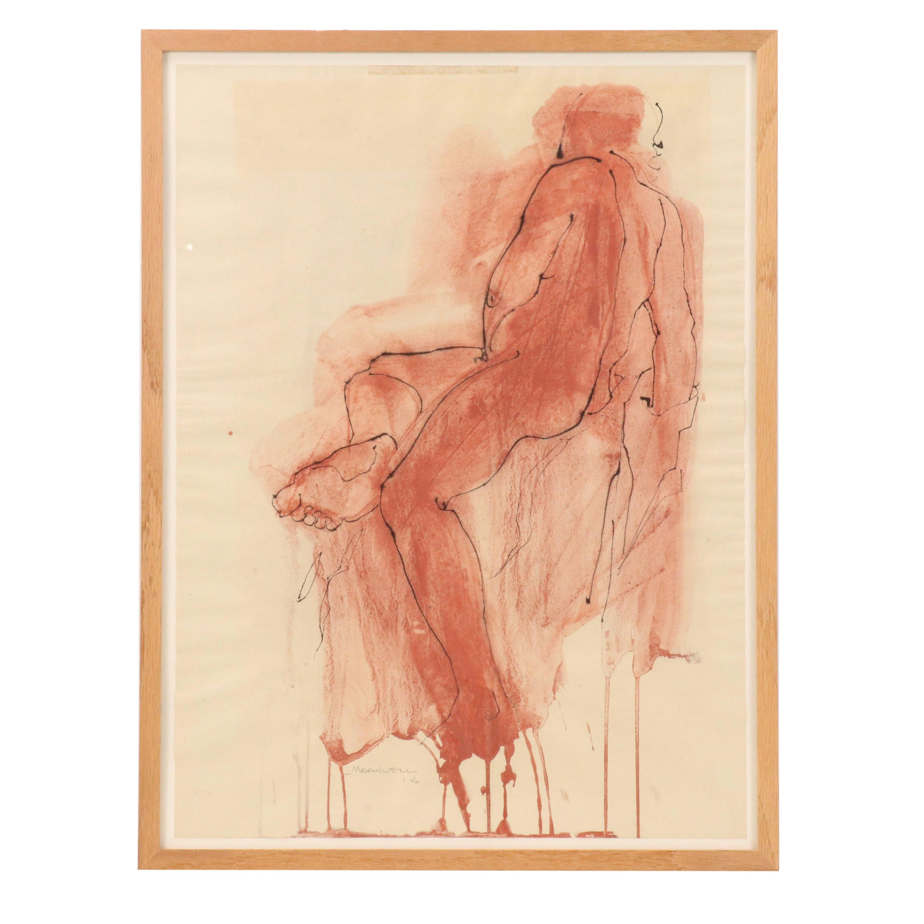 Jack Meanwell Mixed Media Seated Nude Figural Drawing, 1976