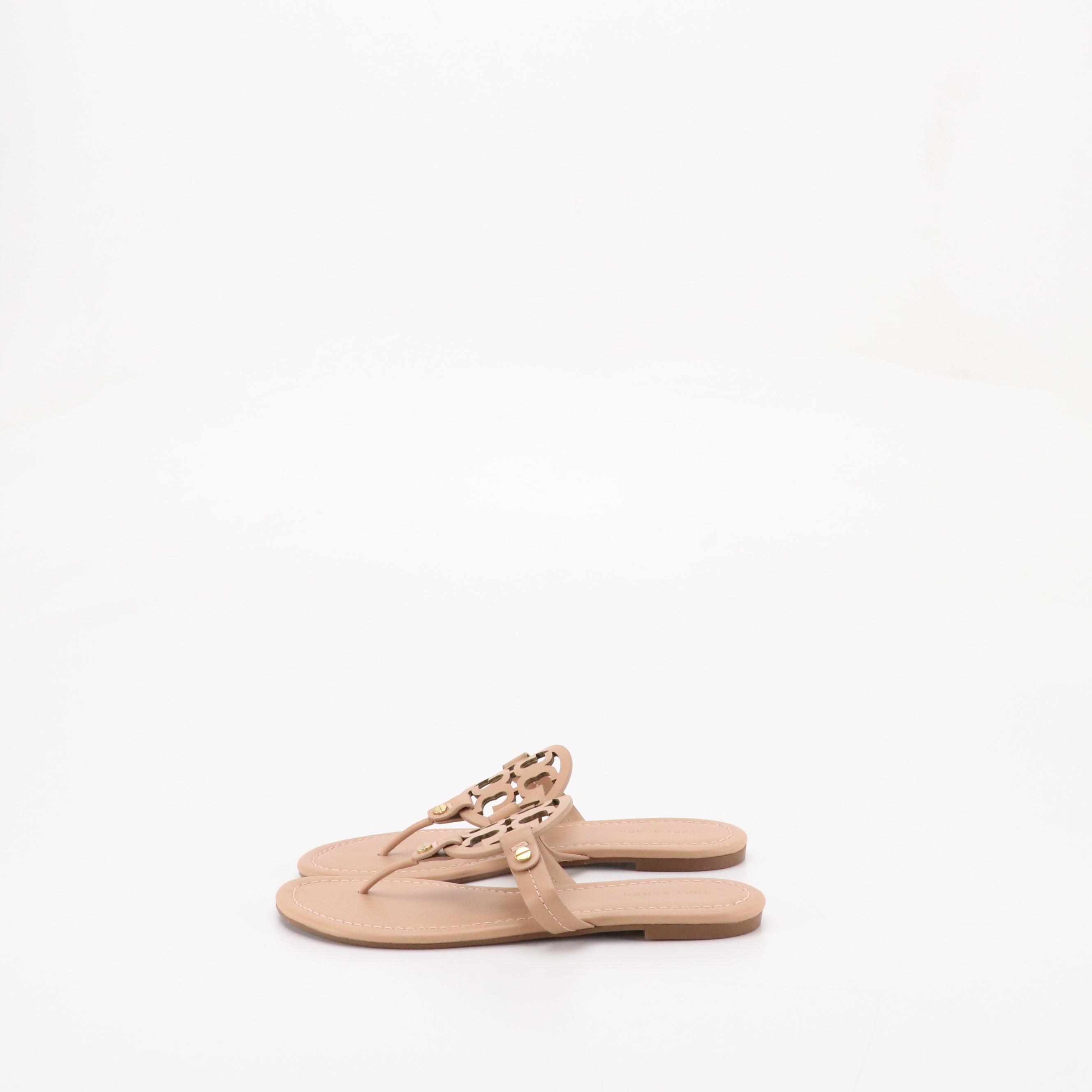 Tory Burch "Miller" Logo Sandals in Nude Beige Leather