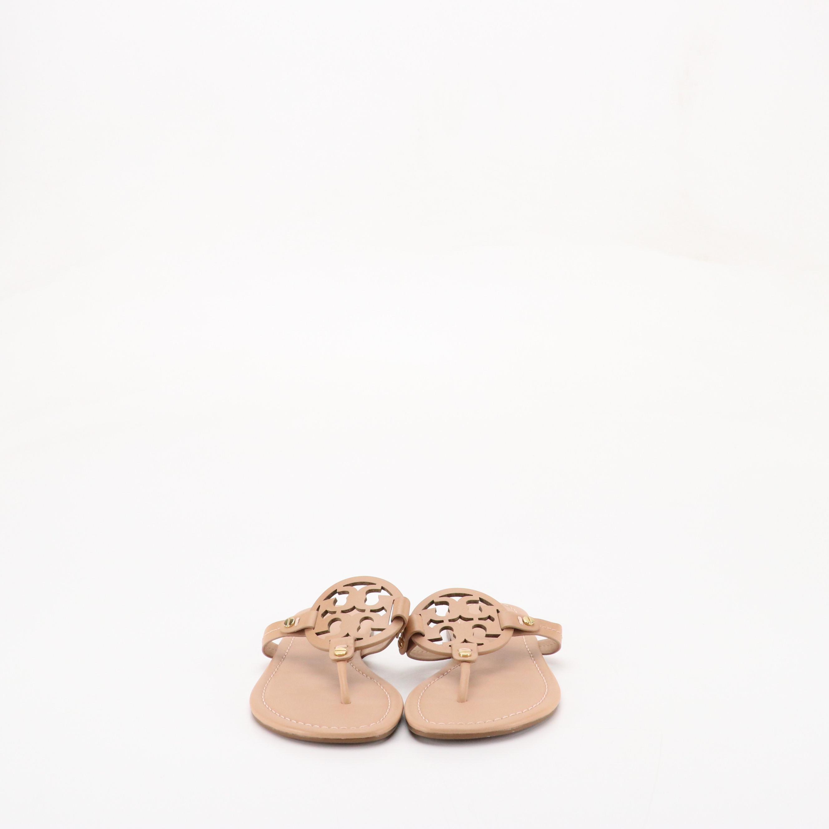Tory Burch "Miller" Logo Sandals in Nude Beige Leather