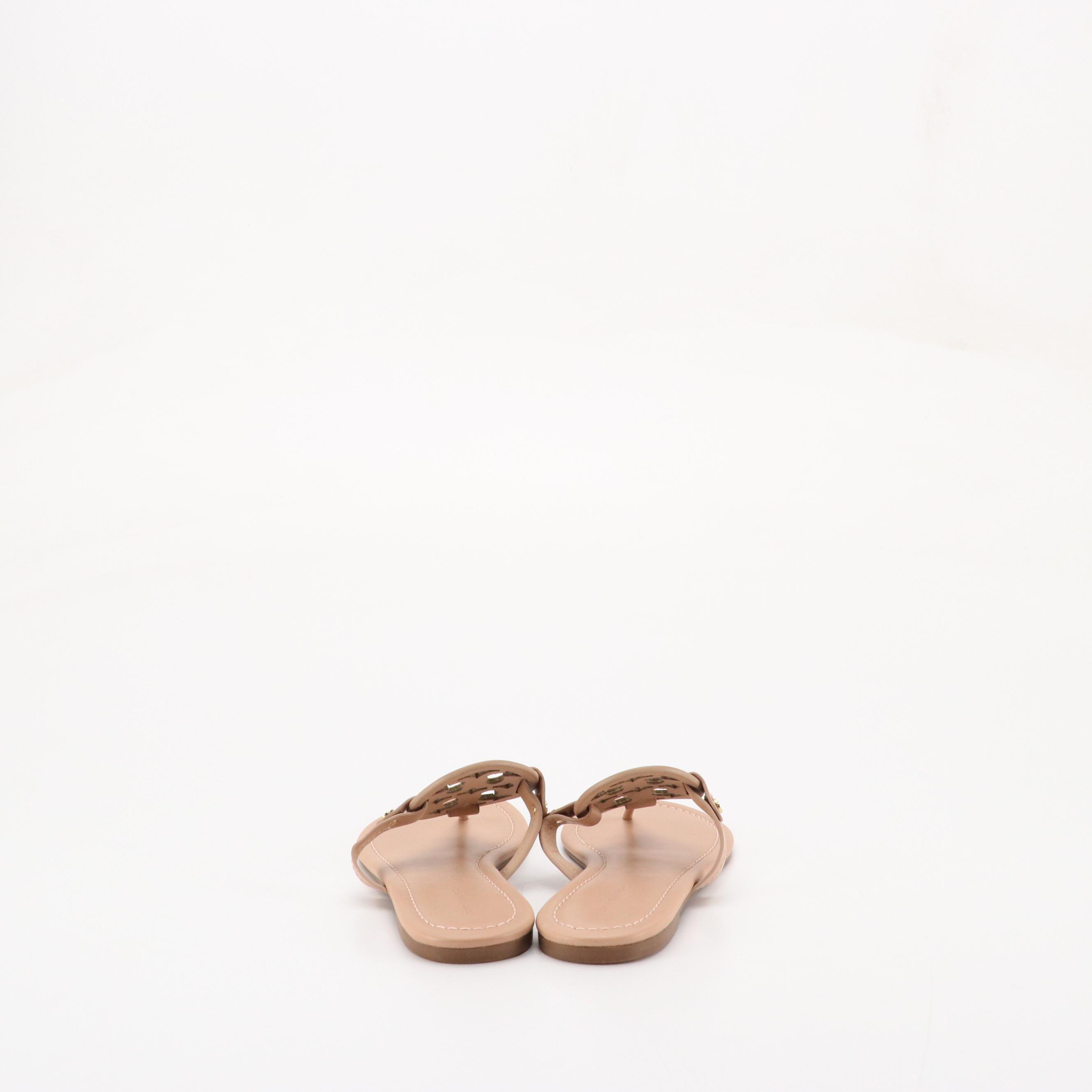 Tory Burch "Miller" Logo Sandals in Nude Beige Leather