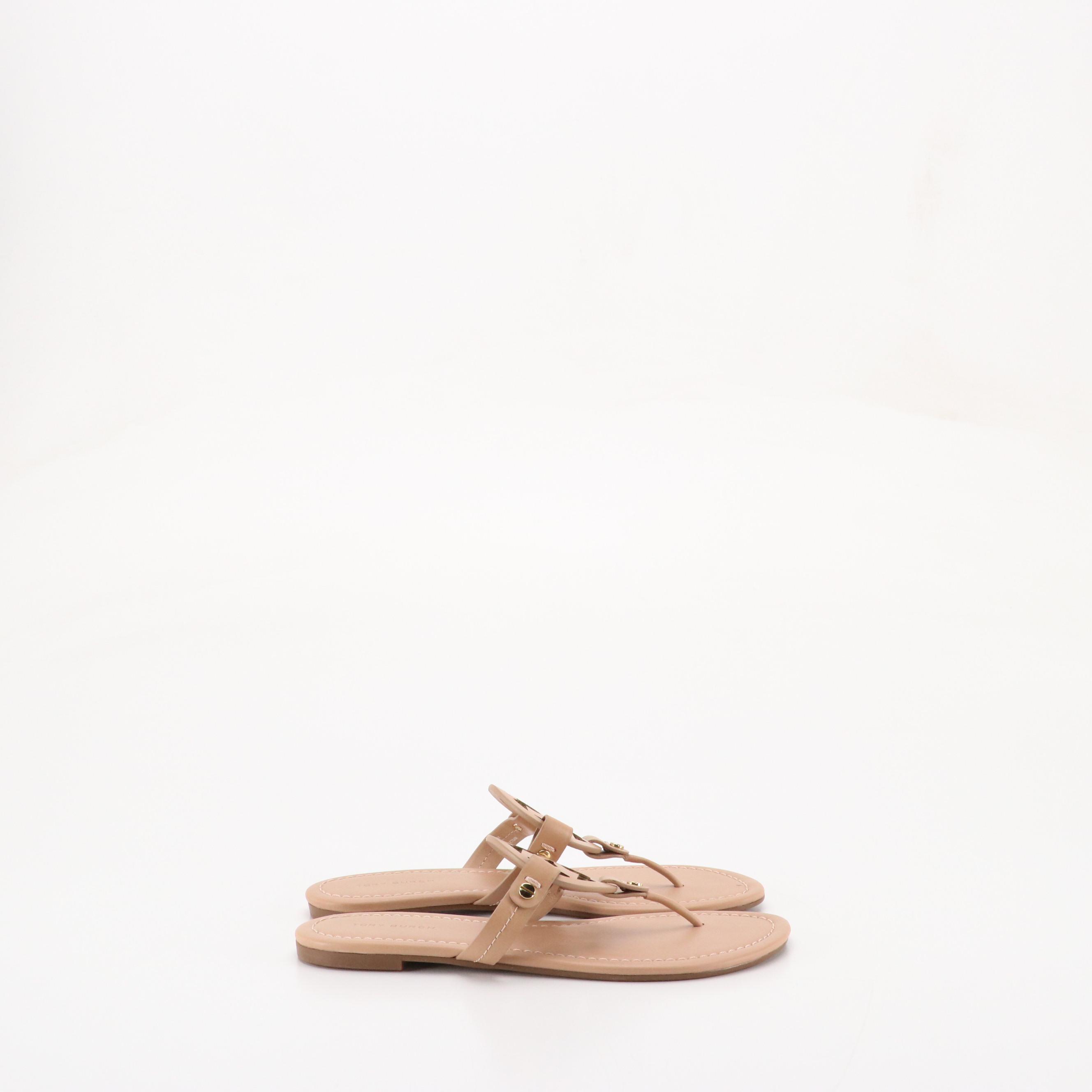 Tory Burch "Miller" Logo Sandals in Nude Beige Leather