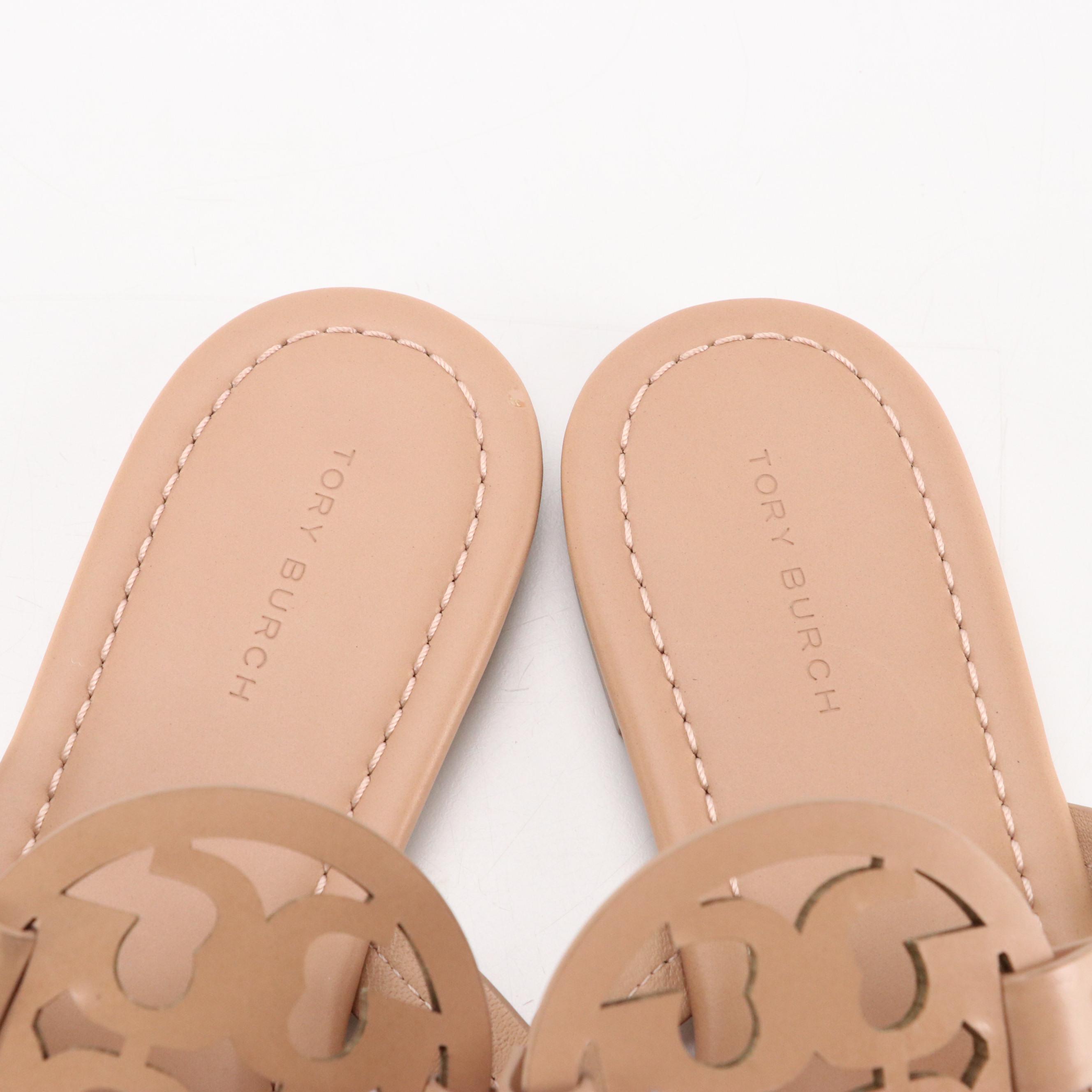 Tory Burch "Miller" Logo Sandals in Nude Beige Leather