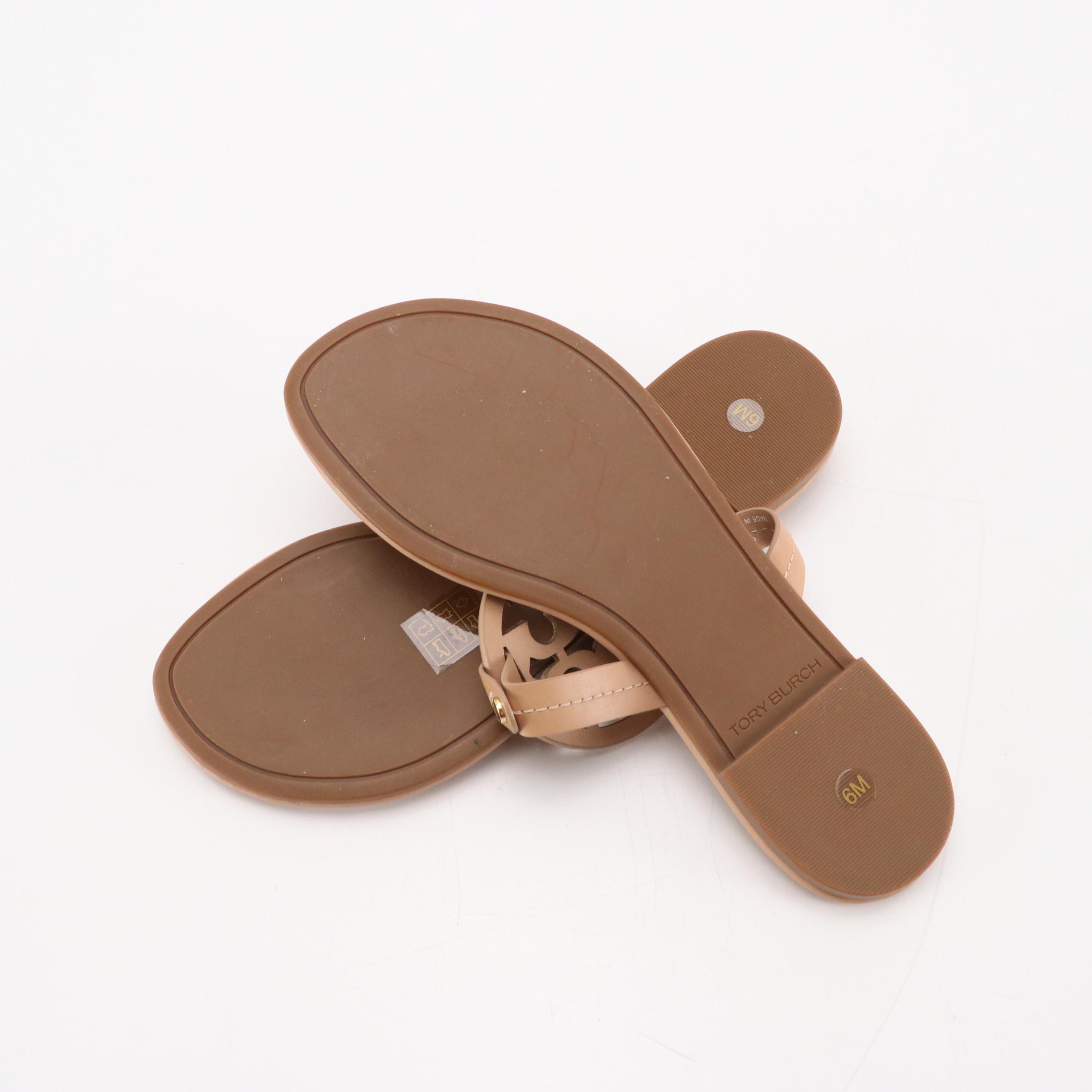 Tory Burch "Miller" Logo Sandals in Nude Beige Leather