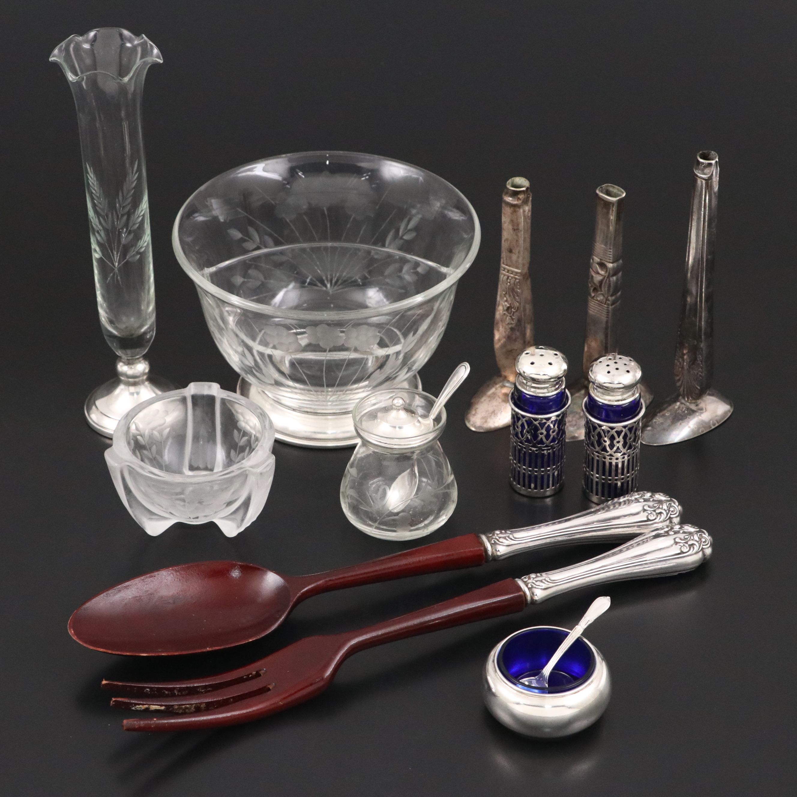 Whiting Cobalt Glass Sterling Salt Cellar with Vase and Other Table Accessories