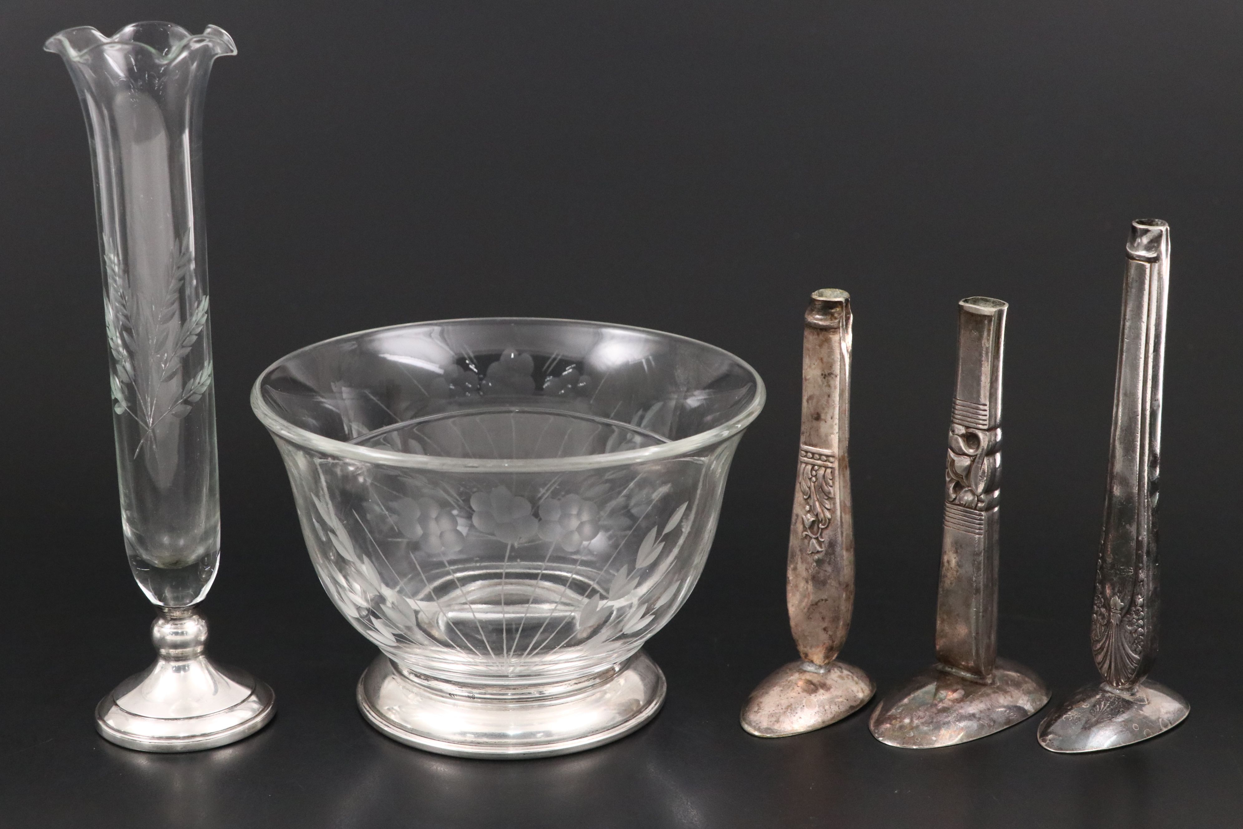 Whiting Cobalt Glass Sterling Salt Cellar with Vase and Other Table Accessories